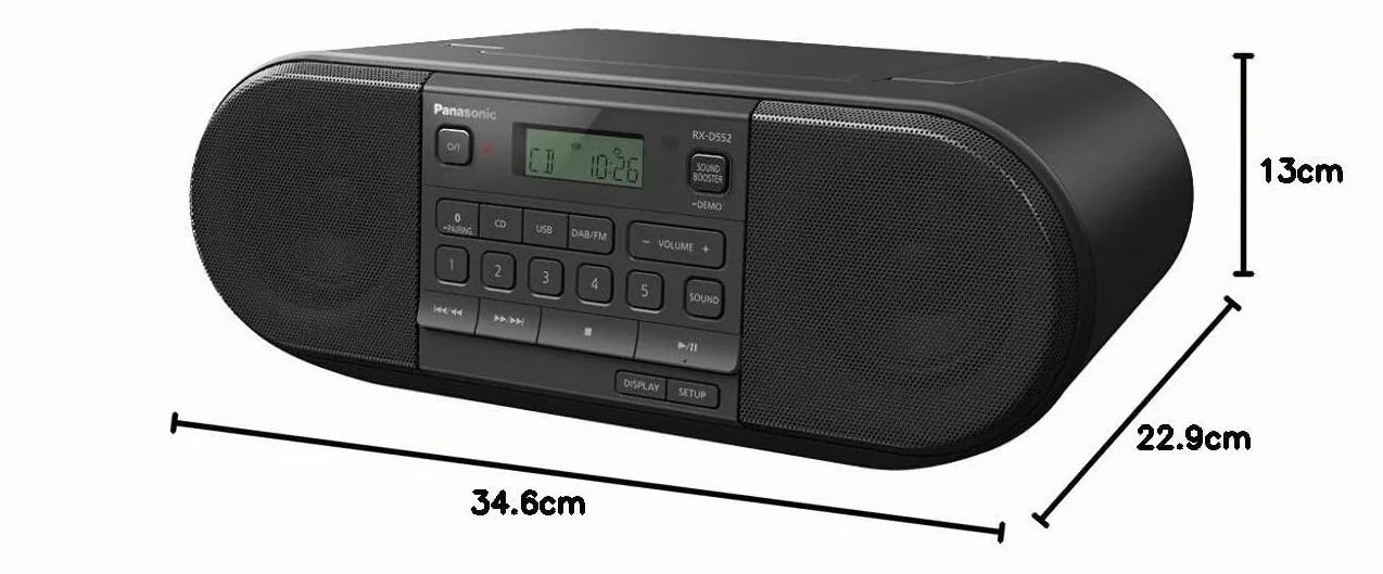 Panasonic RX-D552 Radio DAB+, Bluetooth, Lettore Cd, Design Vintage, 20W, USB, Telecomando Incluso, Portatile, Sound Booster, Nero