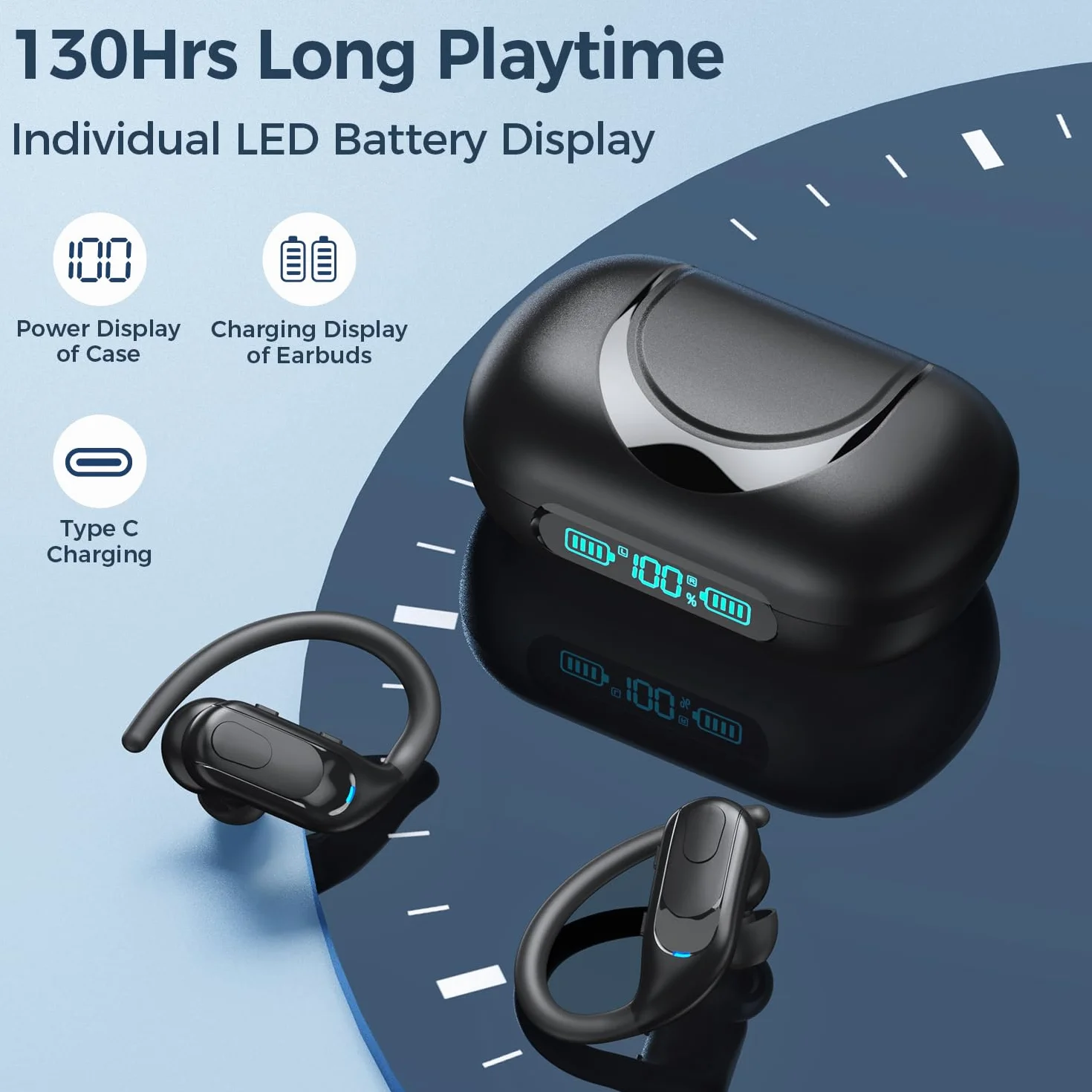 Cuffie Bluetooth 5.3 Auricolari senza fili 130 ore di autonomia Ricarica senza fili Auricolari IPX7 Impermeabili con ganci per orecchie Display a LED per lo sport e la corsa