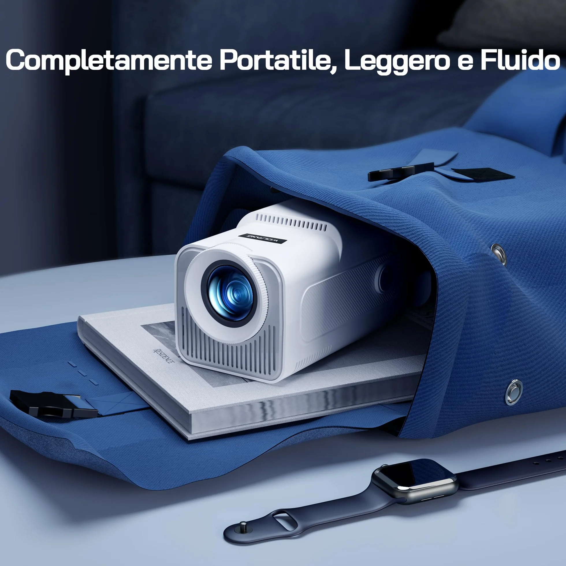 WOLFANG 4K Mini Proiettore【App Integrata/Netflix Ufficiale】, 26000 Lumen Proiettore Portatile con WiFi 6, 50% Zoom, Ruotabile 180° Videoproiettore per Home Theater/TV Stick/iOS/Android/PC/PS5/HDMI/AV