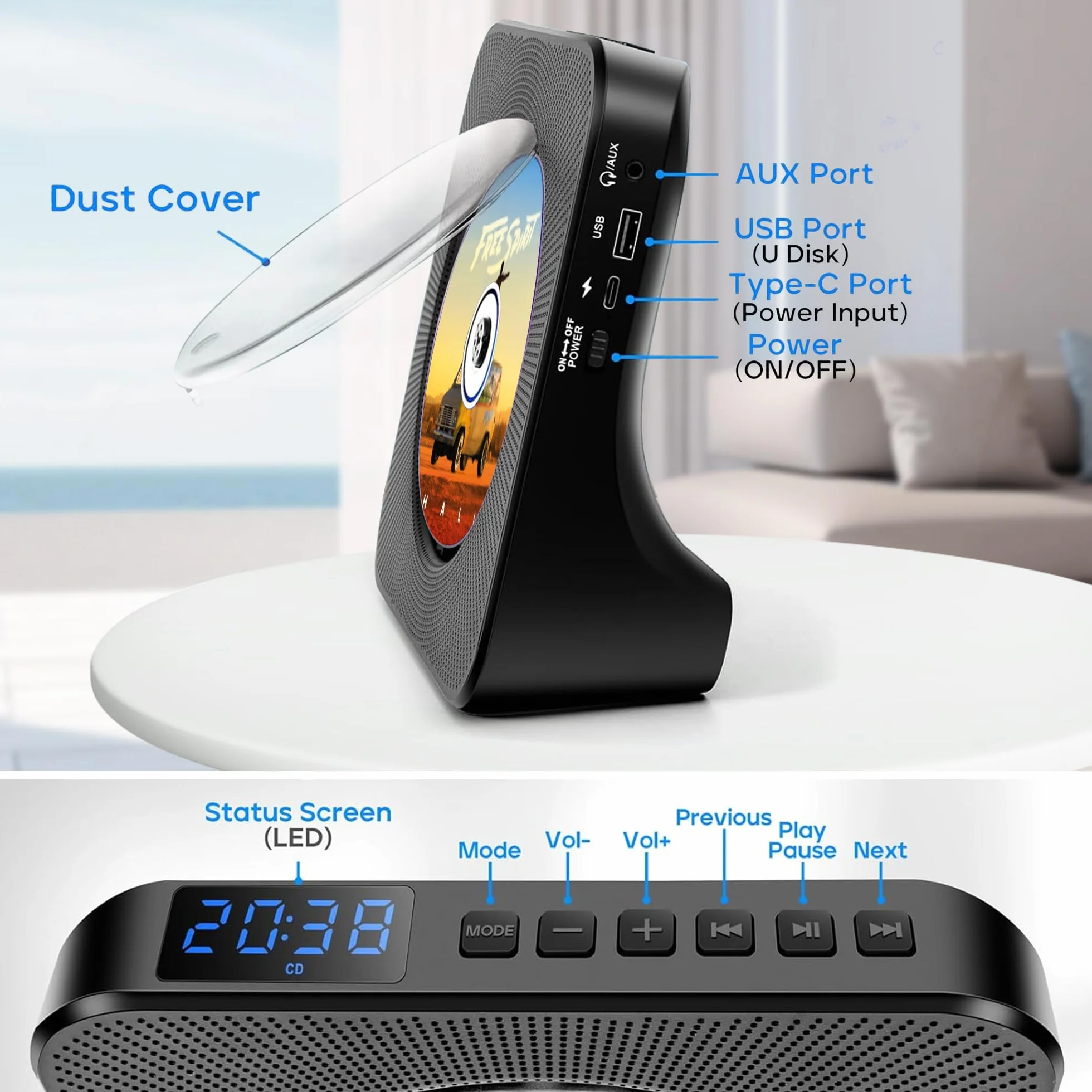 Lettore CD Portatile con Bluetooth, USB, AUX, Stereo Lettore CD Casa Ricaricabile con Copertura, HIFI Sterei per CDs（Nero）