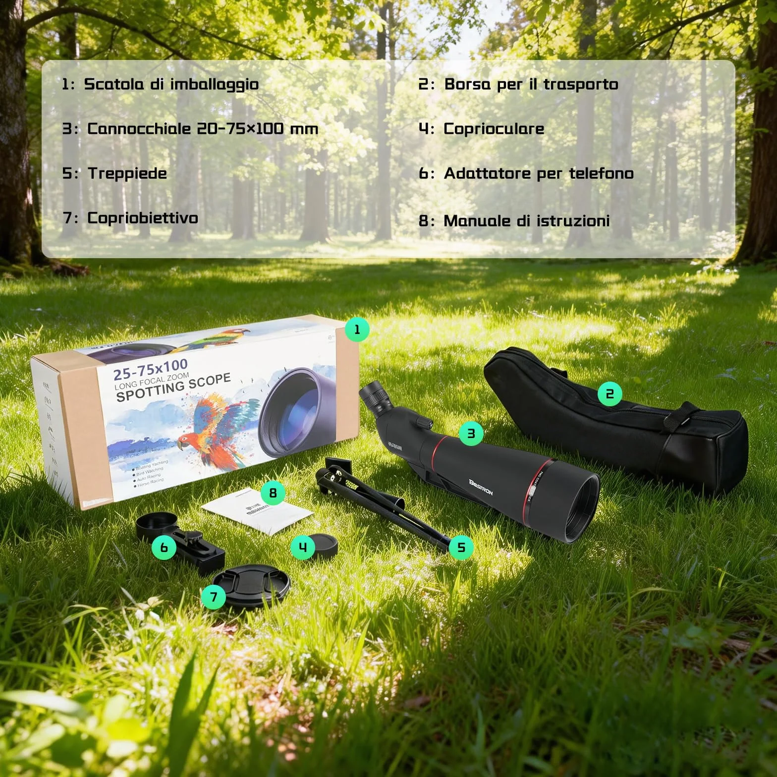 25-75x100mm Cannocchiale con Treppiede,HD FMC Impermeabile,Cannocchiale Terrestre con Adattatore Telefono Borsa, per Tiro a Segno Tiro, con l'arco Birdwatching