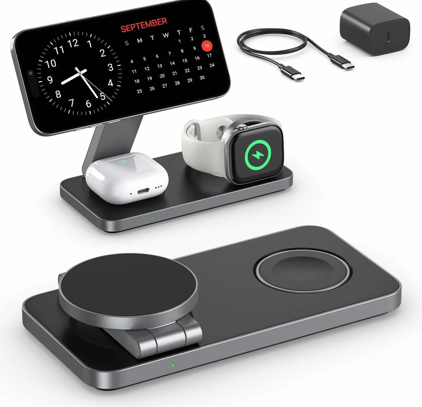 Caricatore Wireless per iPhone con Mag-Safe, 3 in 1 stazione di ricarica per Apple Inductive Wireless Charger per iPhone 17e 17 16 15 14 13 12 Air, Apple Watch 10/9/8/7/6/SE/5/4/3/, per AirPods Pro