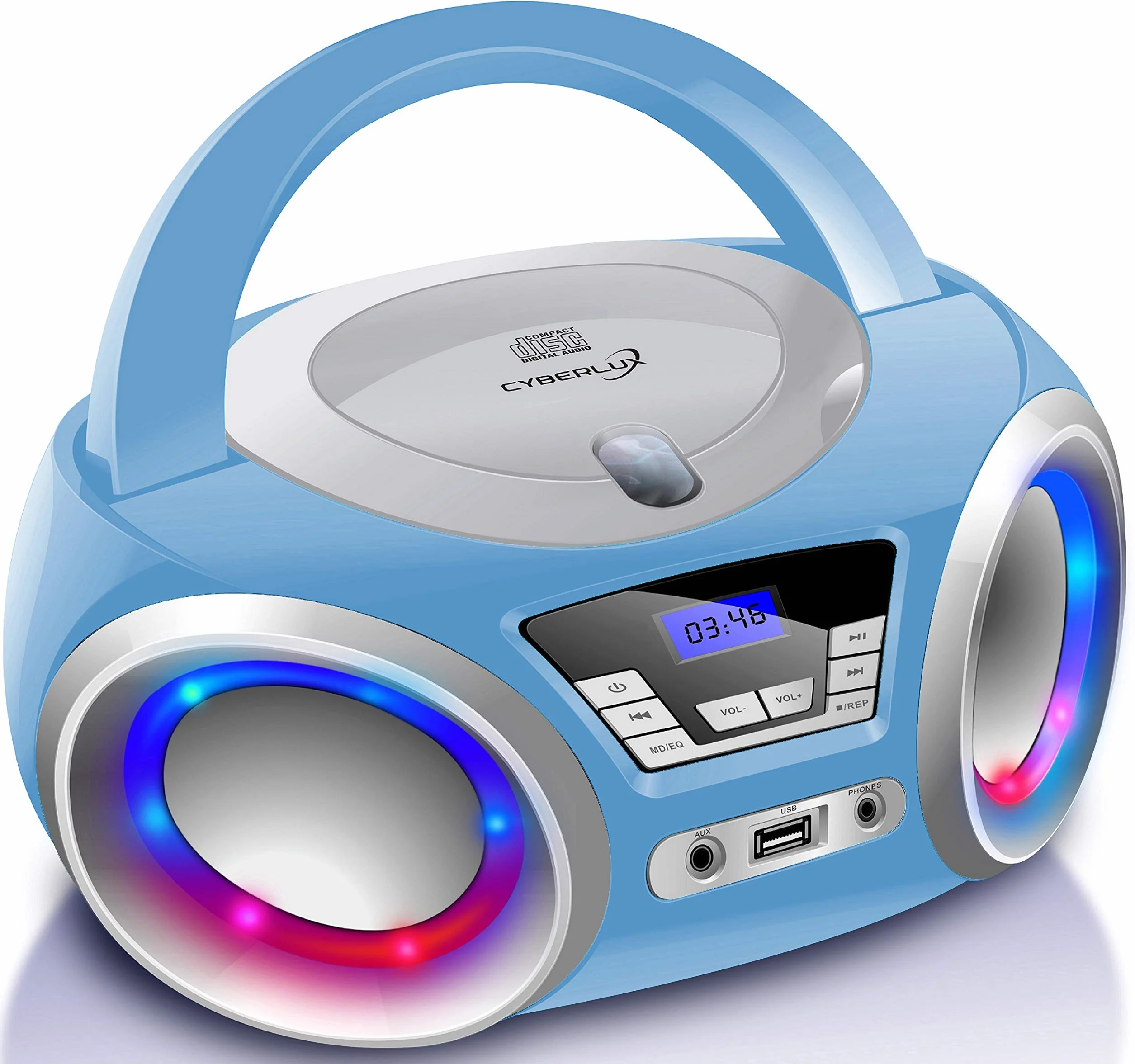 Lettore CD Portatile Con Illuminazione a LED, Radio Stereo FM, USB, MP3, Ingresso Cuffie e Aux In - Impianto Stereo Per Bambini