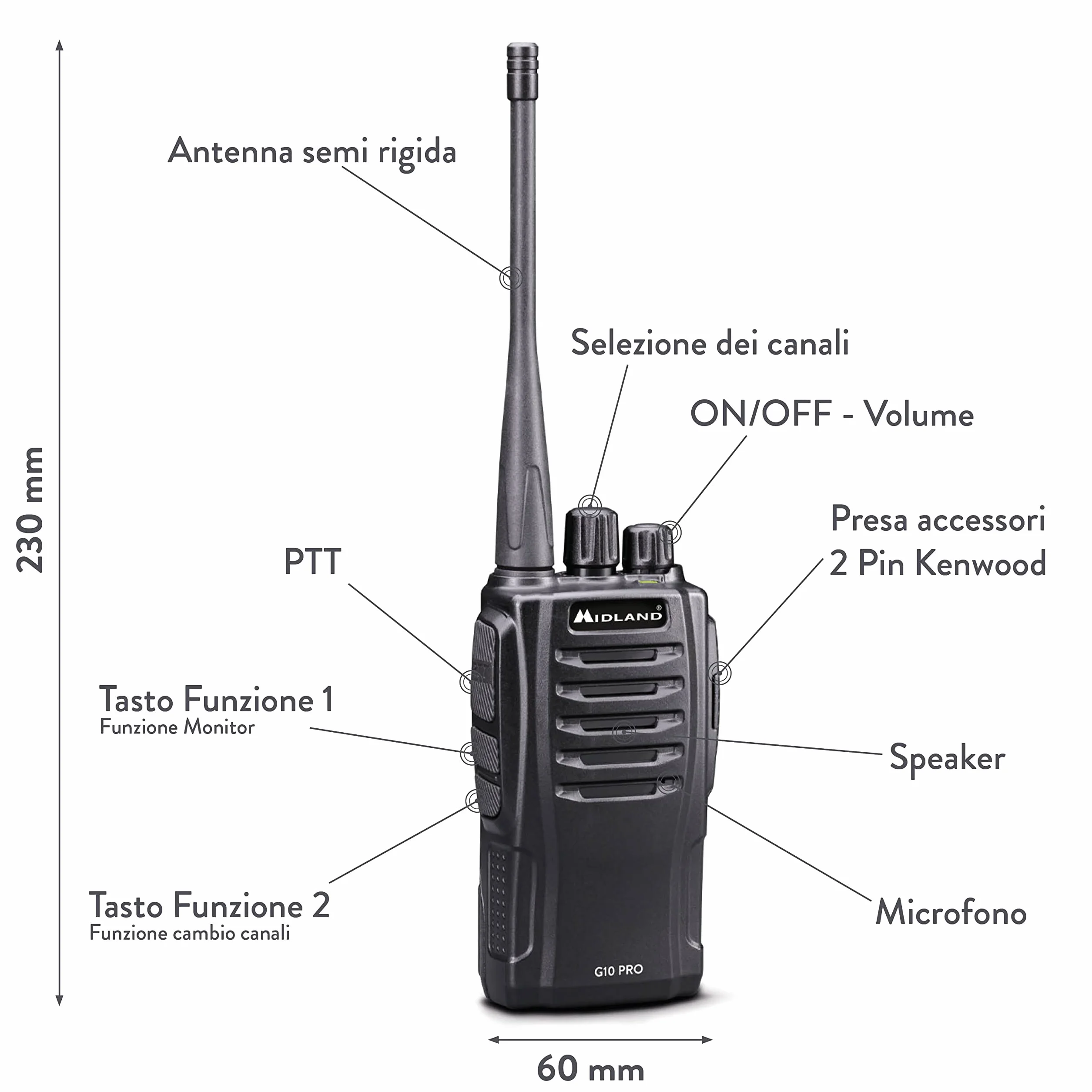 Midland - Walkie Talkie G10 PRO, Ricetrasmittenti Professionali Cantiere e Strada, 32 Canali PMR446 Senza Licenza, Copertura 12Km, Autonomia 16H, 50 Toni CTCSS, 116 Codici DCS, Batteria e Accessori
