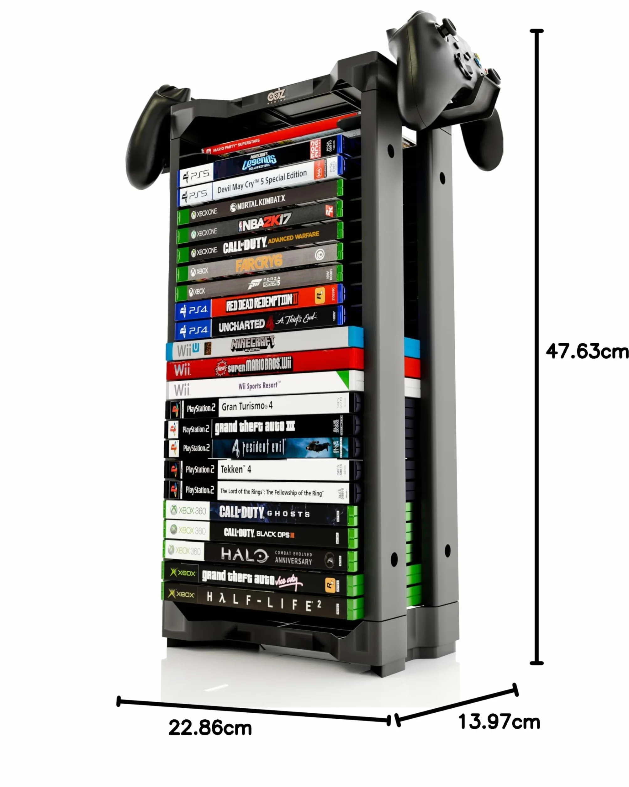 ADZ Universal Game Holder – 23 Ripiani per Archiviazione Giochi per PS2 PS3 PS4 PS5 PSP Xbox 360 Xbox One Series X Wii Switch Giochi DVD e Dischi Blu-Ray. Include 2 Supporti per Controller