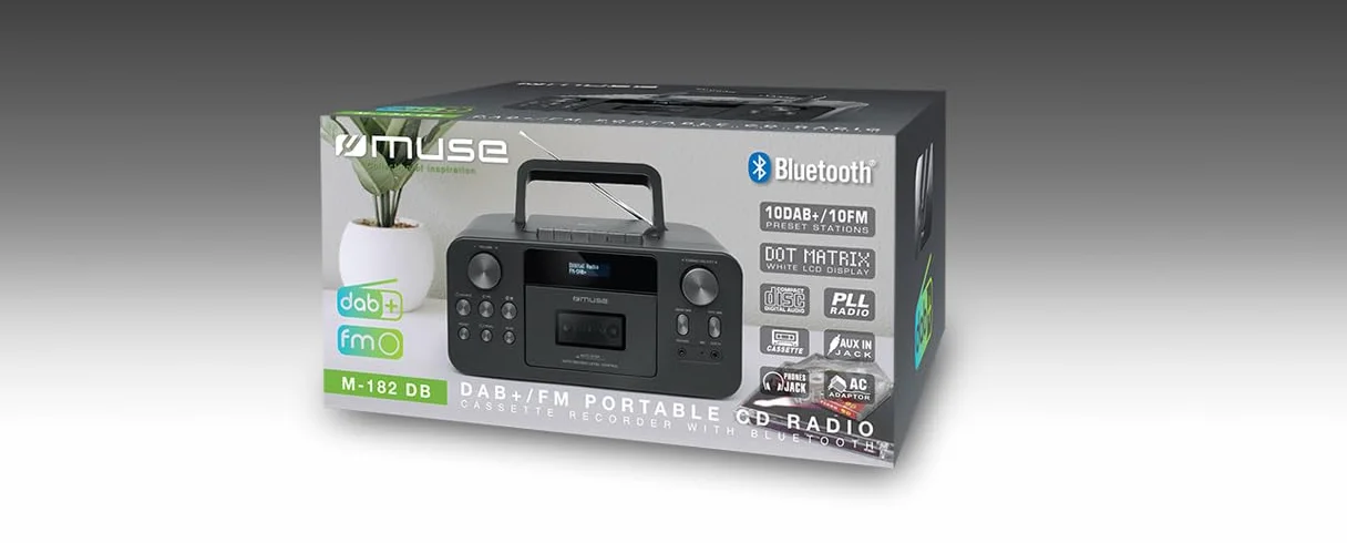 MUSE Radio portatile DAB+ con lettore CD Bluetooth, lettore CD, FM, ingresso auricolari, AUX-In, display LCD, streaming musicale, nero (M-182DB)