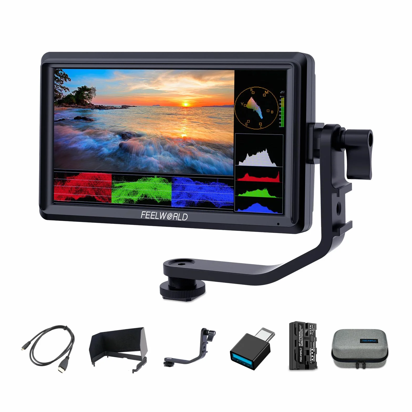 FEELWORLD FW568 V3 Monitor da campo per DSLR da 6 pollici con batteria F550 da 2200 mAh e borsa per il trasporto, forma d'onda LUTs Video Peaking Focus Assist 1920x1080 IPS 4K HDMI Input Output