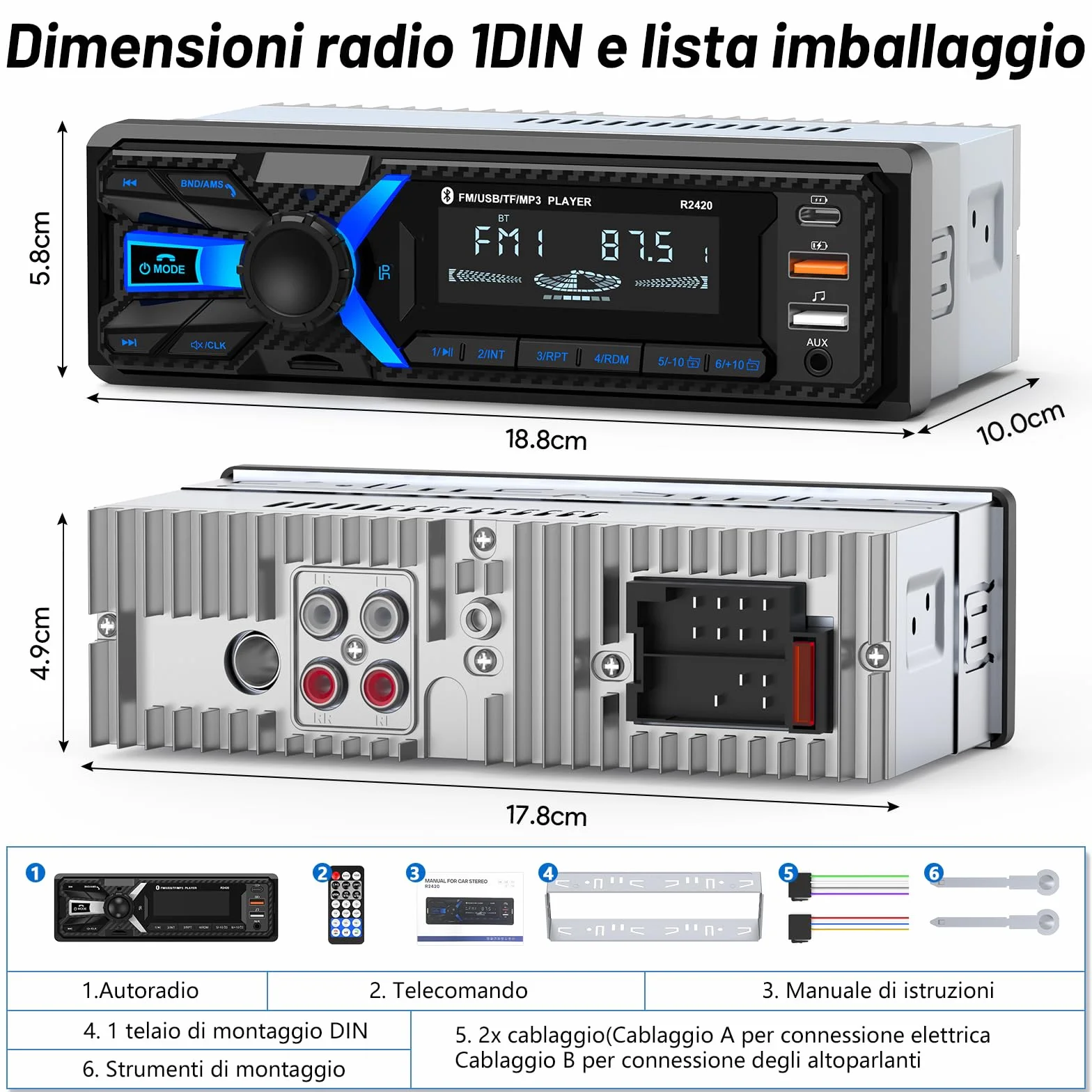RDS Autoradio Bluetooth 1DIN z Portem USB-C FM/AM MP3 Stereo