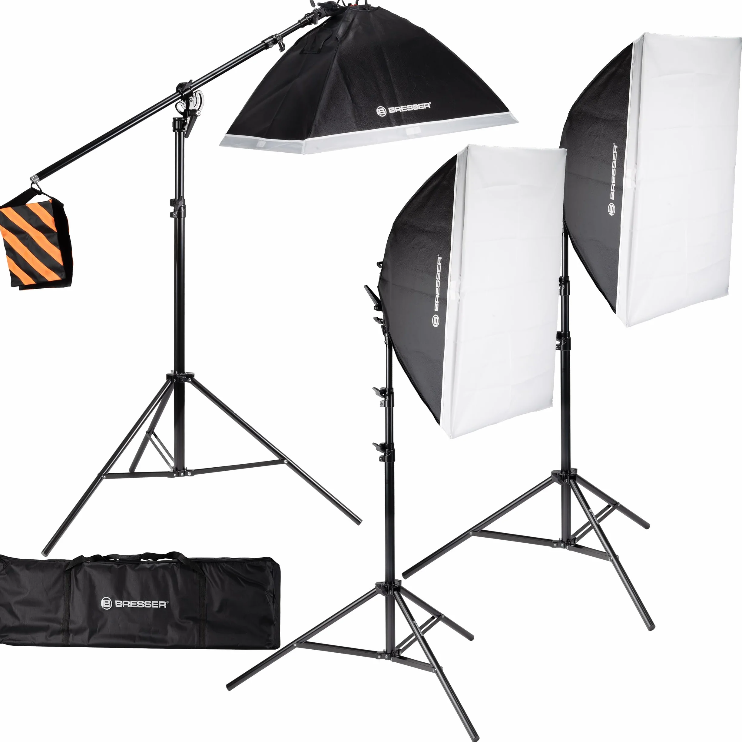 Bresser Kit Luce Diurna LED per Studio Fotografico con 3 Softbox 60x80 cm, 15 Lampade LED, Treppiedi, Braccio Boom, Borsa, 5500K, CRI >85