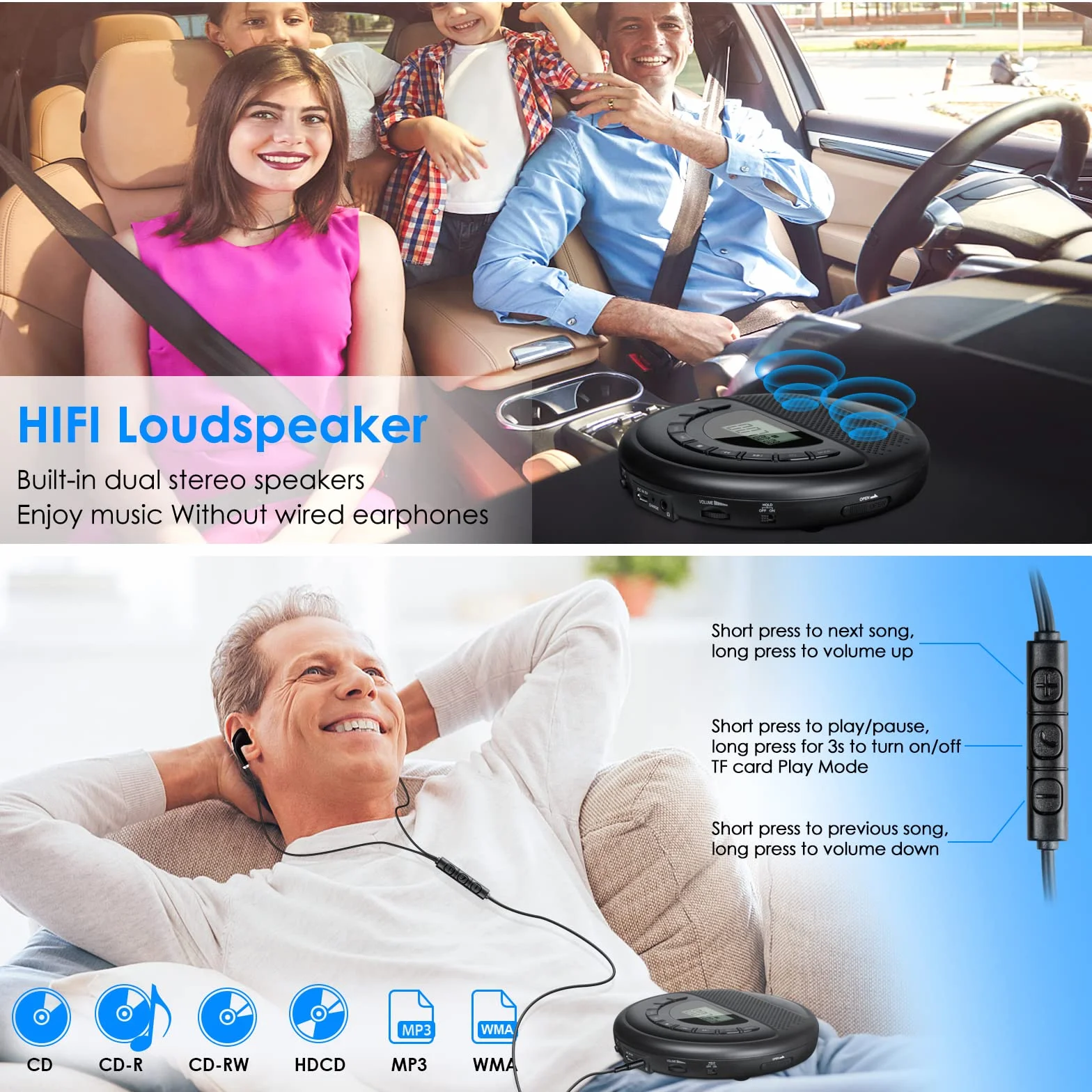 Gueray Lettore CD Portatile AUX con Altoparlanti e Batteria al litio 1400 mAh incorporato e Cuffia Supporto per Riproduzione di schede TF