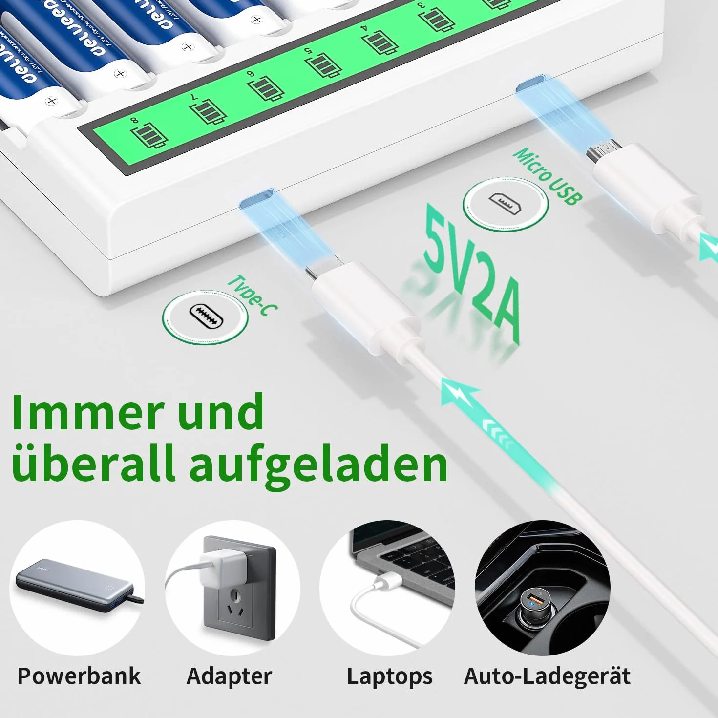 Batterie Ricaricabili AA AAA 3300 1100 mAh 1.2V Ni-MH 16 Pezzi con Caricabatterie LCD 8 Slot