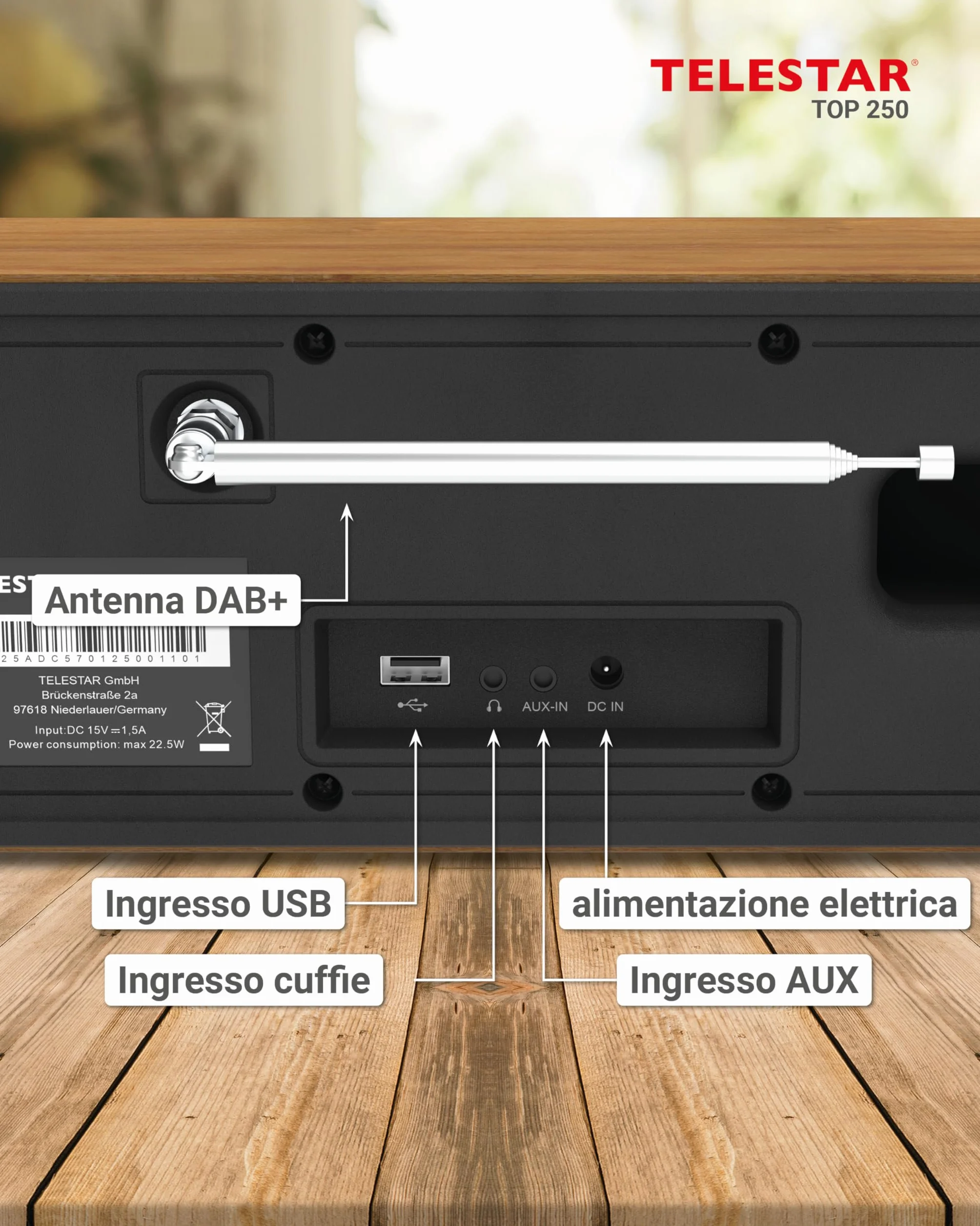 TELESTAR TOP 250 Radio DAB+ Internet Bluetooth Audio-Streaming 2x10W USB registrazione Legno
