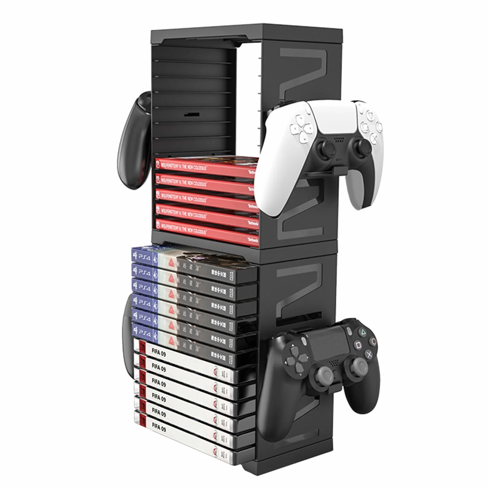 Torre di archiviazione universale per gioco e dischi Blu-Ray, scaffale per PS5/PS4/Xbox Series X/Xbox One/NS, con 24 gioco e 4 supporti per controller