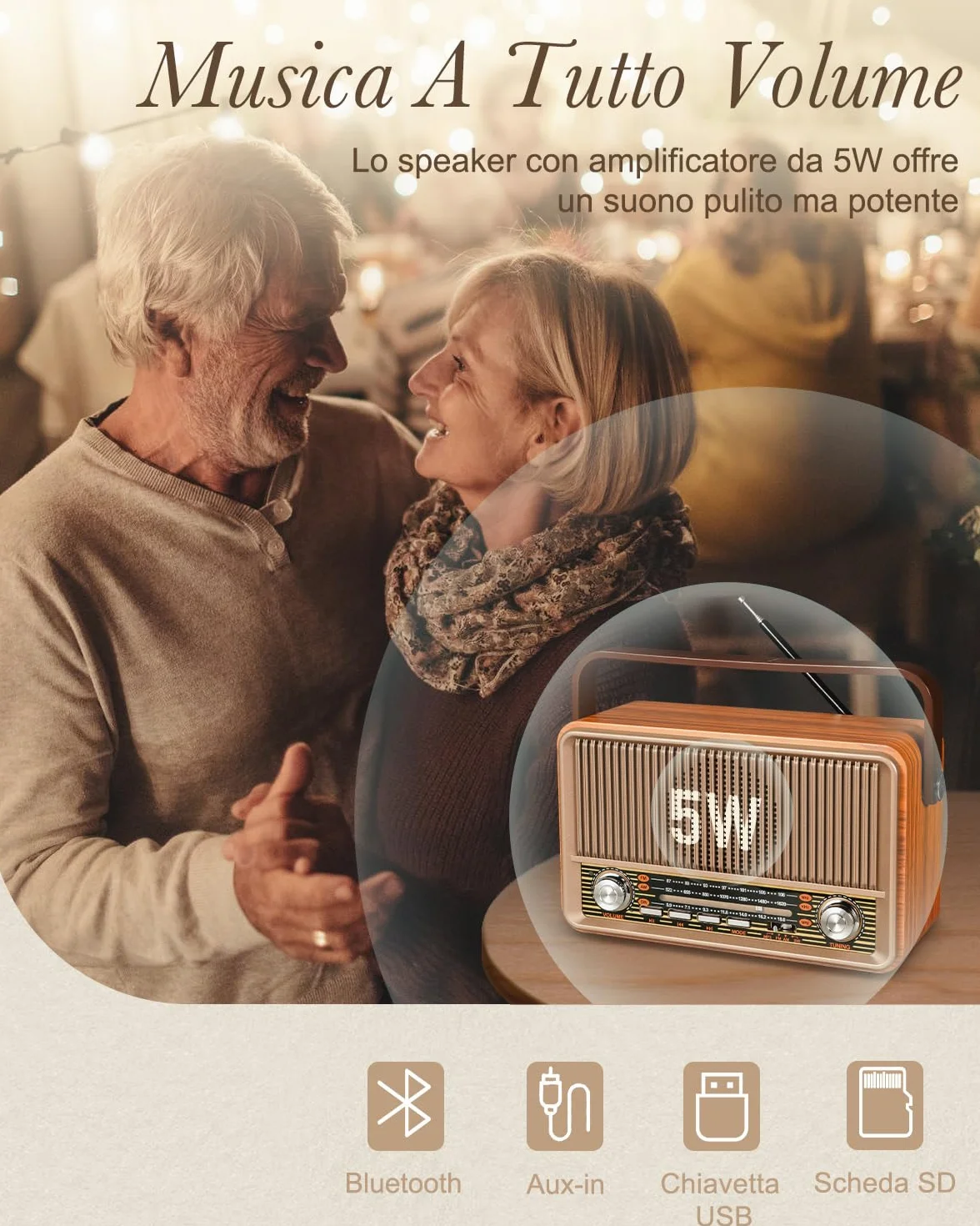 PRUNUS J-120 Radio Portatile Vintage Legno FM/AM/SW Altoparlante Bluetooth Retro Batteria Ricaricabile 1800 mAh