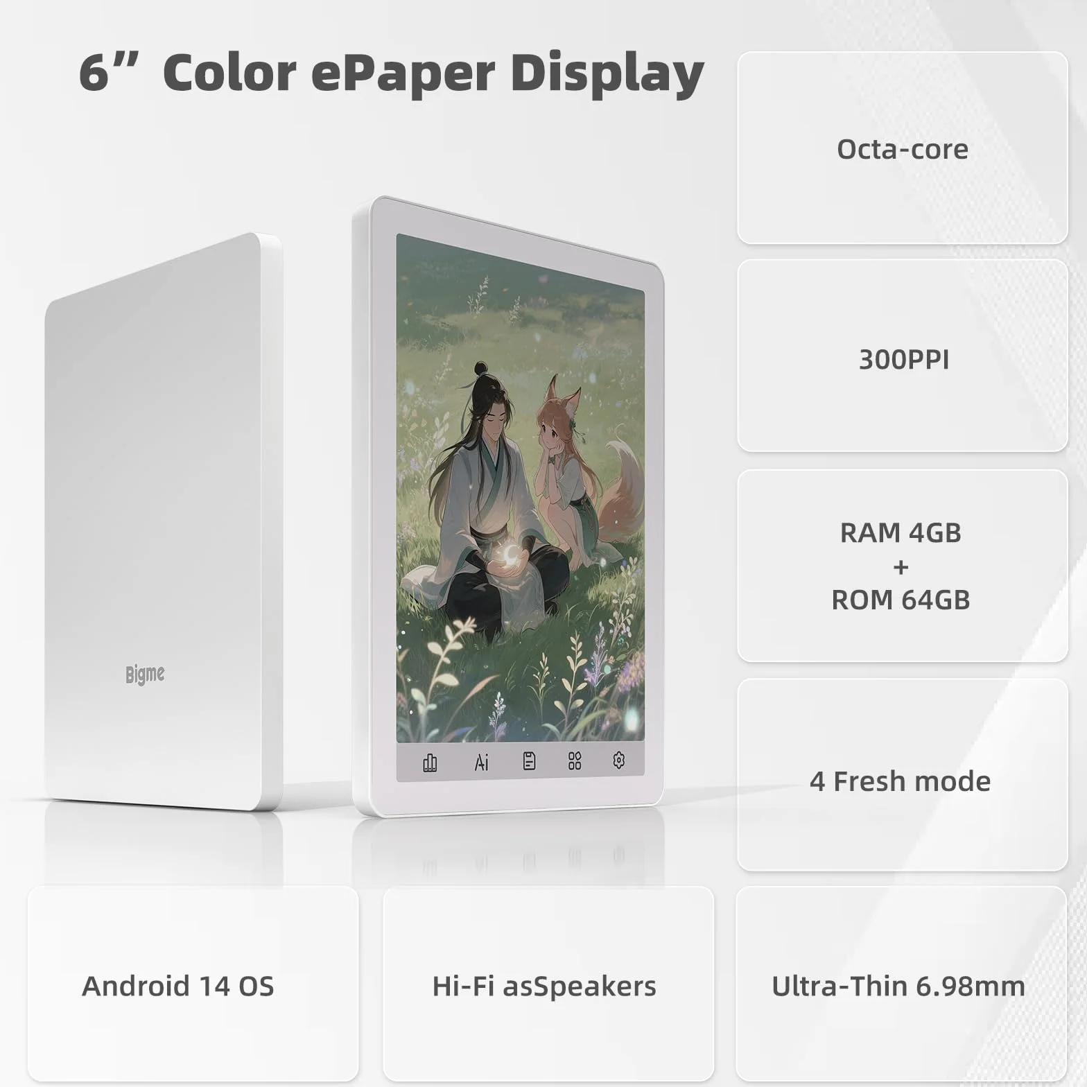 Bigme B6 Lettore ePaper a Colori da 6 Pollici con Android 14OS, 4+64GB (Bianco)