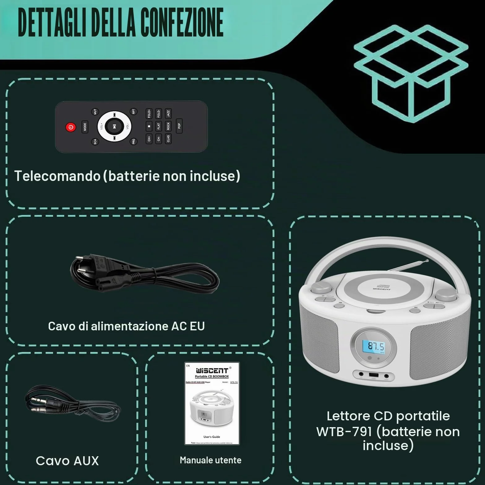 Radio Portatili Boombox con Bluetooth, Telecomando, Lettore CD Stereo con Radio FM, Ingresso Blue Tooth, USB, AUX-IN,Compatibile CD-R/CD-RW,AC o Alimentato a Batteria