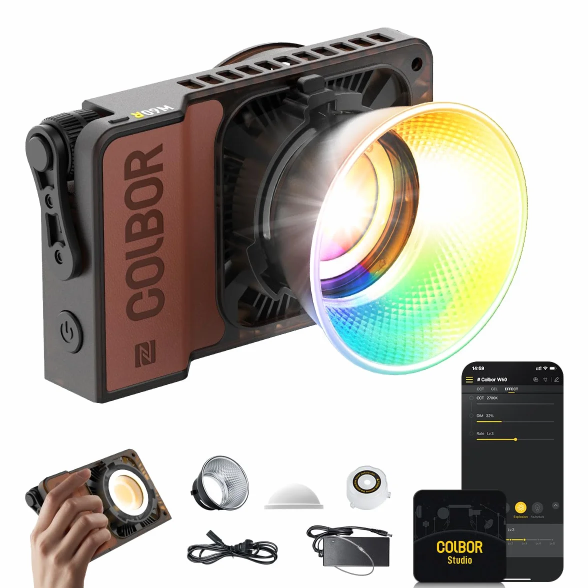 COLBOR Wonder W60R 60W RGB Luce Video Portatile 345g Illuminazione Continua Controllo APP con DC/Tipo C per Interni ed Esterni Filming Interviste Live Streaming, Luce-Video-Fotografia-LED-RGB