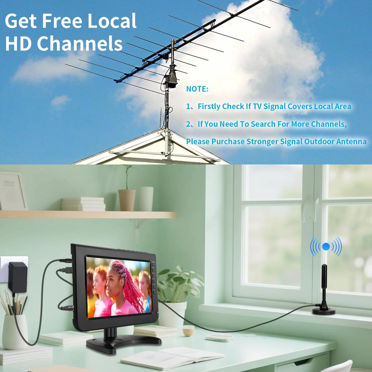 ZOSHING TV portatile 10.1 pollici DVB-T2 HDMI USB AV 12V per camper