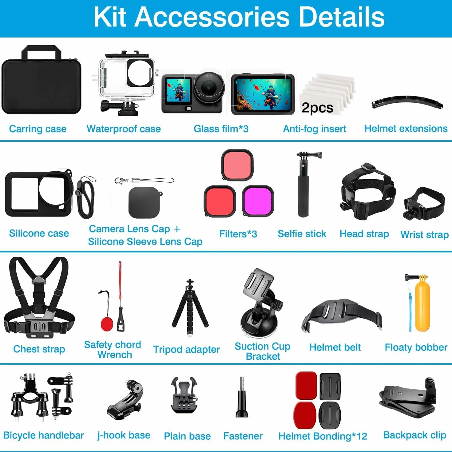 Accessori per DJI Osmo Action 5 Pro/4/3, custodia impermeabile Saprdii, pellicola proteggi schermo, filtro accessori subacquei, supporto per bicicletta selfie stick, supporti per torace/testa/manubrio