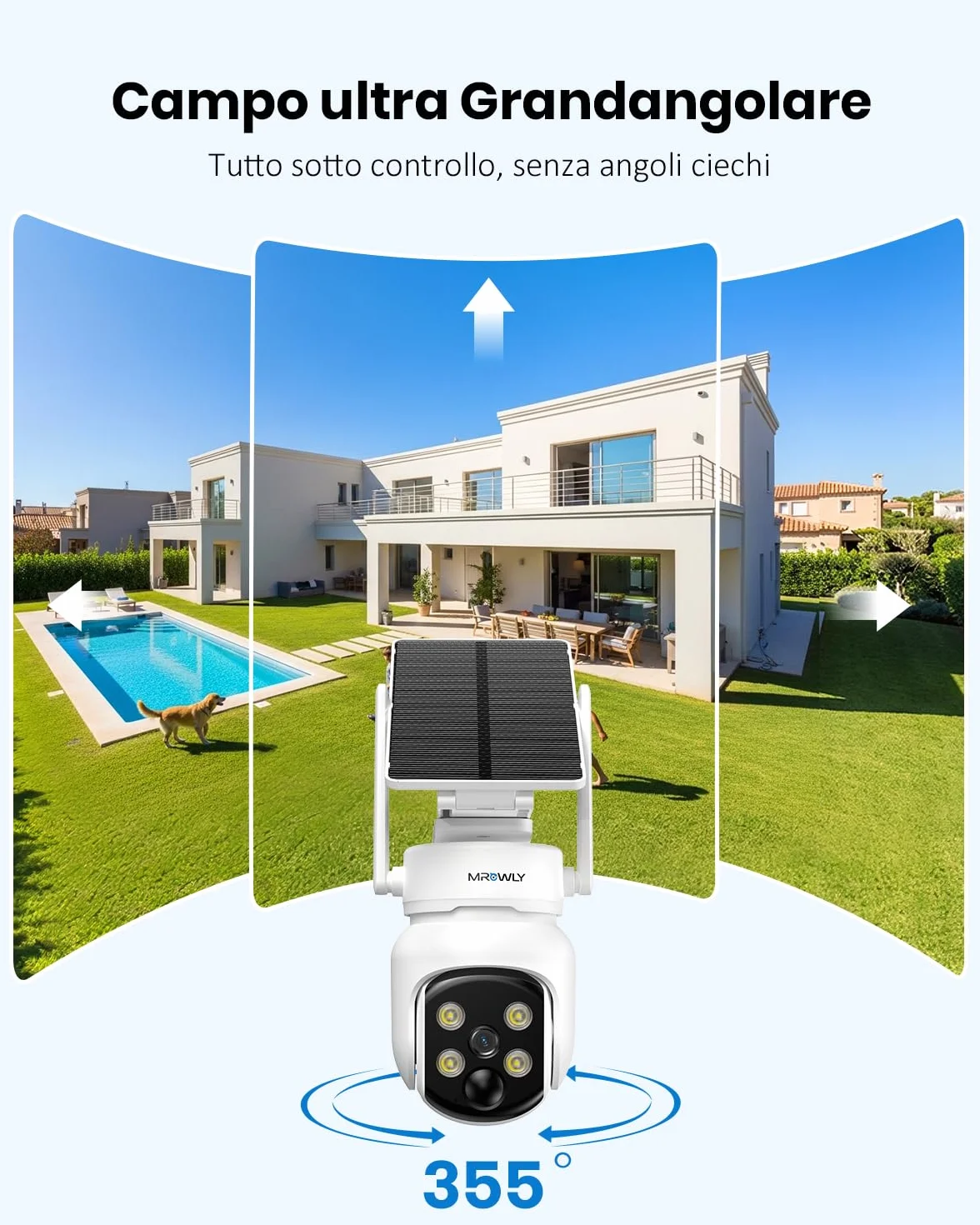 Telecamera Wi-Fi Esterno con Pannello Solare 2 in 1, 4MP/2.5K Senza Fili, 360°, Visione Notturna a Colori, Rilevamento PIR