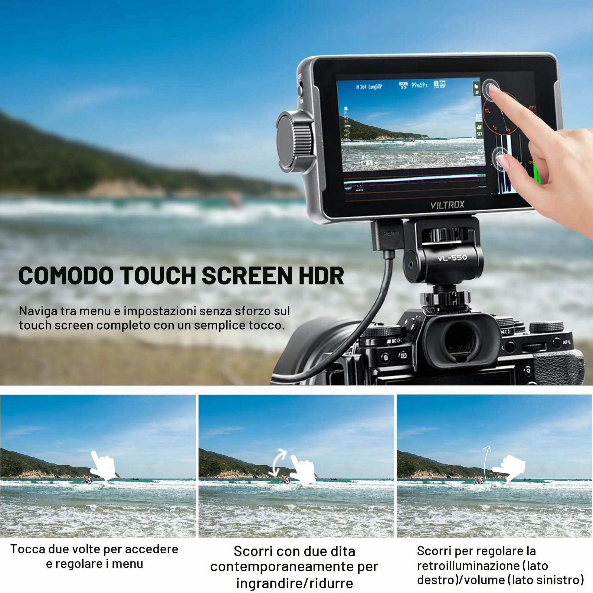 VILTROX DC-550 Monitor Da Campo 5.5 pollici 1200Nit Camera Field Monitor 4K HDMI HD 1920x1080 IPS, 3D LUT Waveform Vector Scope Monitor Esterno Fotocamera Video Monitor con Touchscreen