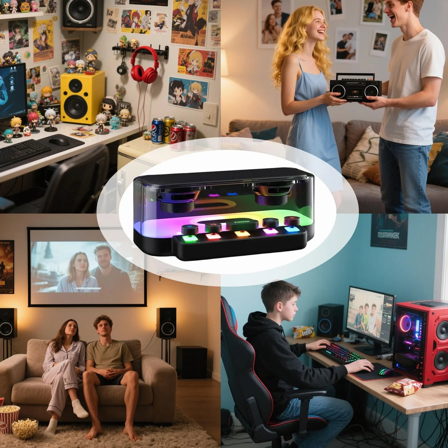 Altoparlante wireless, illuminazione punk RGB, 20 x 11,5 x 8 cm, lettore volume forte, dispositivo musicale meccanico, decorazione per la casa, per uso in cucina, ufficio, audio interno, ABS