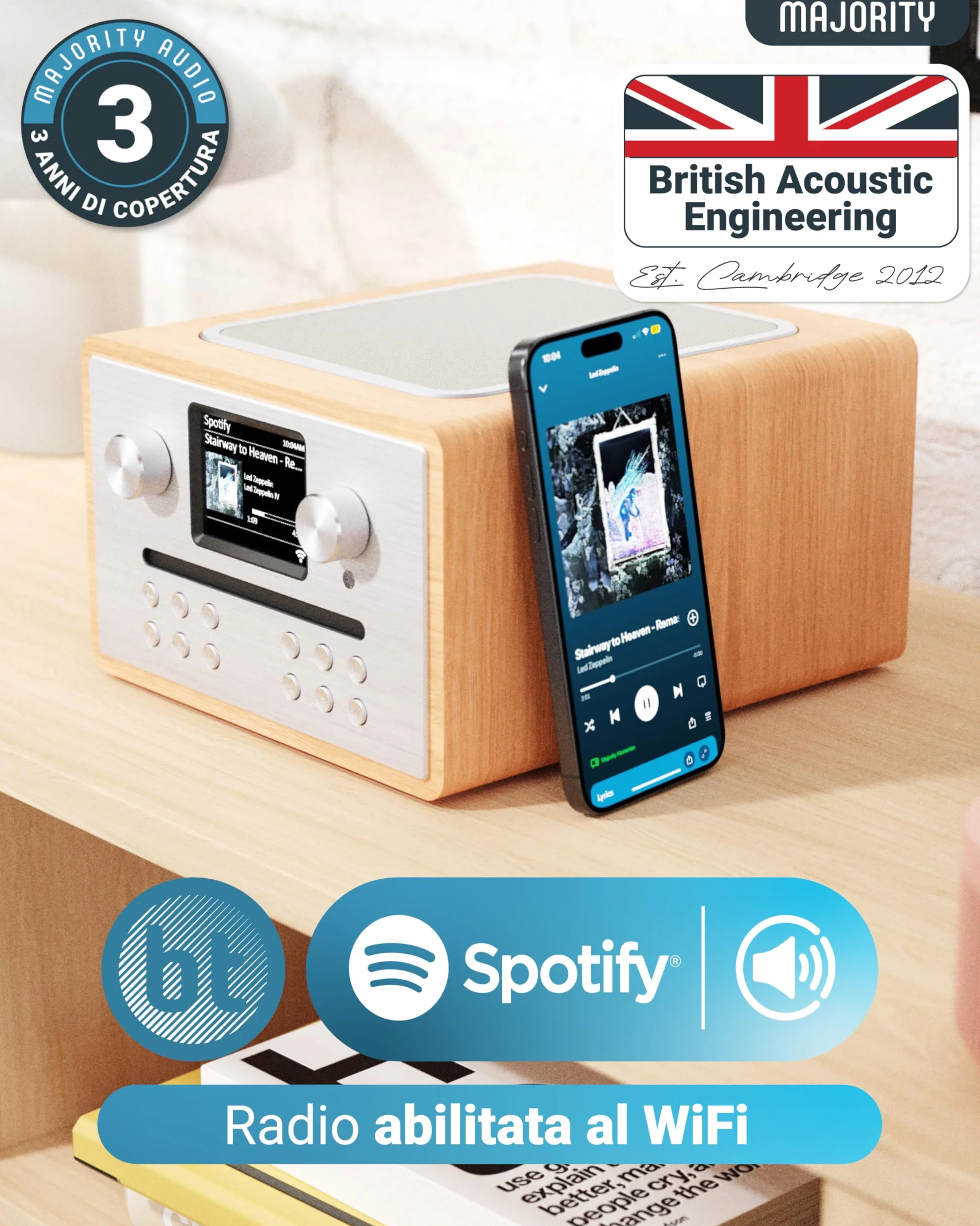 Majority Homerton 2 Internet, DAB, radio FM e lettore CD | 40 preset radio | Plug and Play universale | Spotify & Podcast | Radio Dab con Bluetooth, radio Wi-Fi, radio Internet | Oak