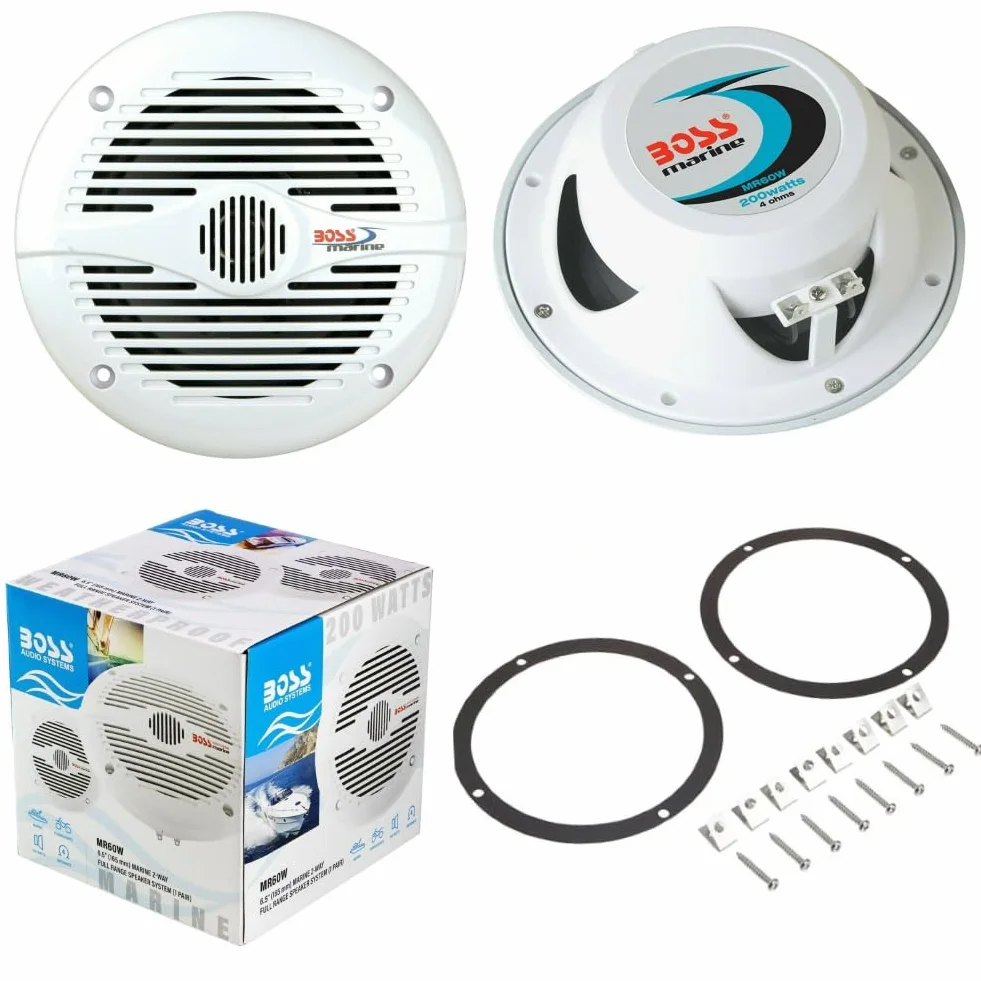 KIT SET PER BOSS AUDIO SYSTEMS MR60W 2 altoparlanti marini 2 vie 6,5" 16,5 cm 165 mm 100 watt rms 200 watt max impermeabili mare piscina barca, a coppia + guarnizioni e viti