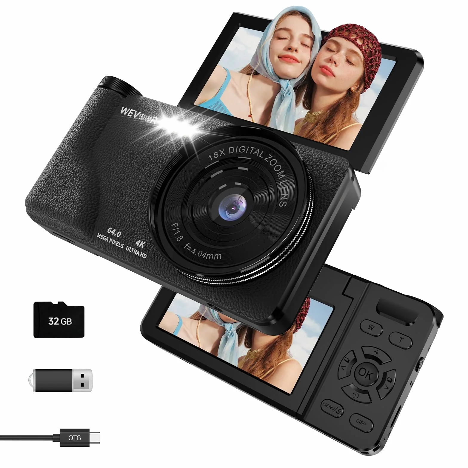 Macchina Fotografica Digitale 4K 64MP, Wevoor Fotocamera Digitale Compatta 32GB con Flip 180° da 3", Zoom Digitale 18x, Batteria da 2000 mAh, Digital Camera Per Principianti Adolescen Bambini - Nero