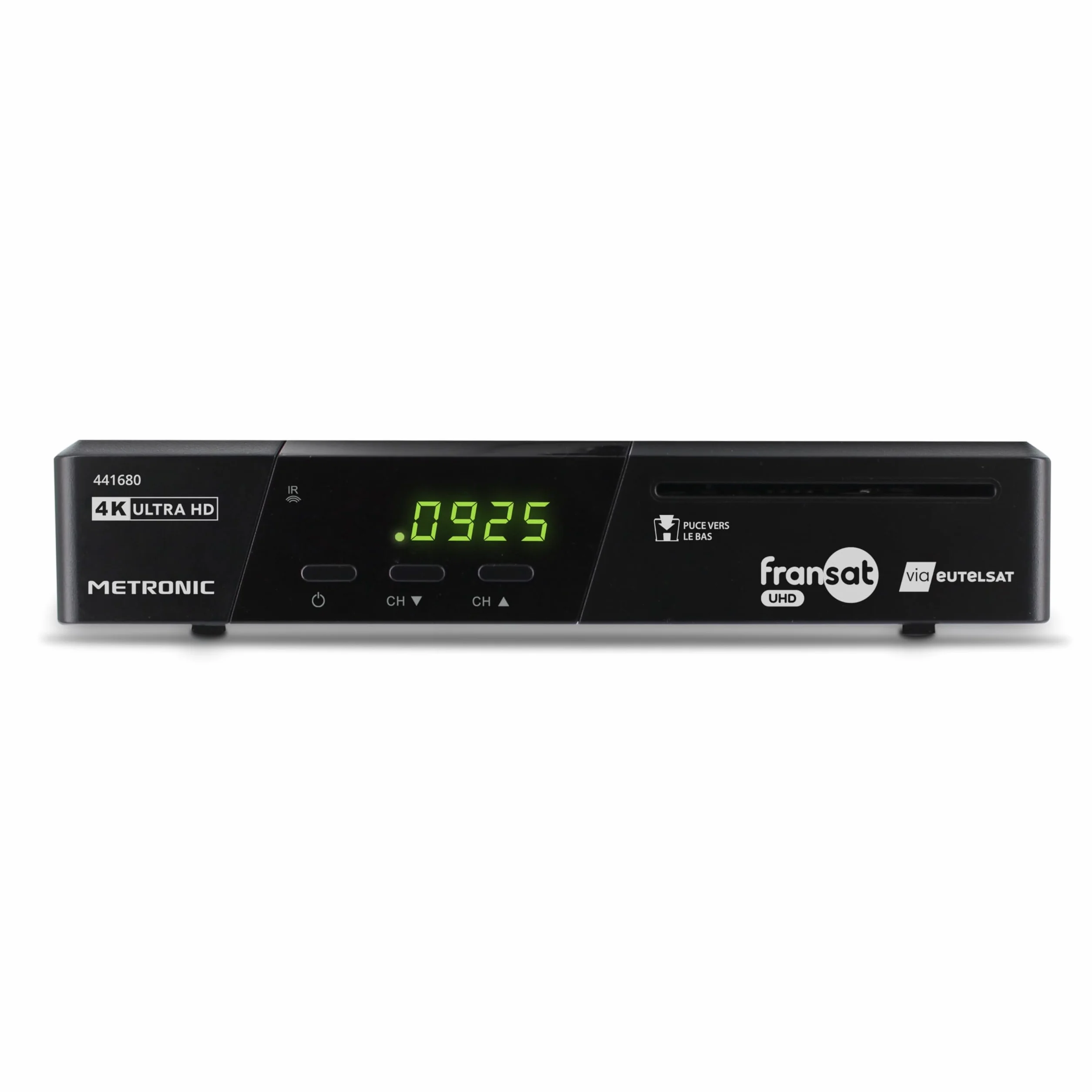METRONIC 441680 Fransat 4K UHD HDR10 Satellite, Ricezione TNT Gratuita, Suono Dolby Atmos, Porta USB Dual Power, Carta Fransat Inclusa, Pausa e Riproduzione TV (Time Shift)