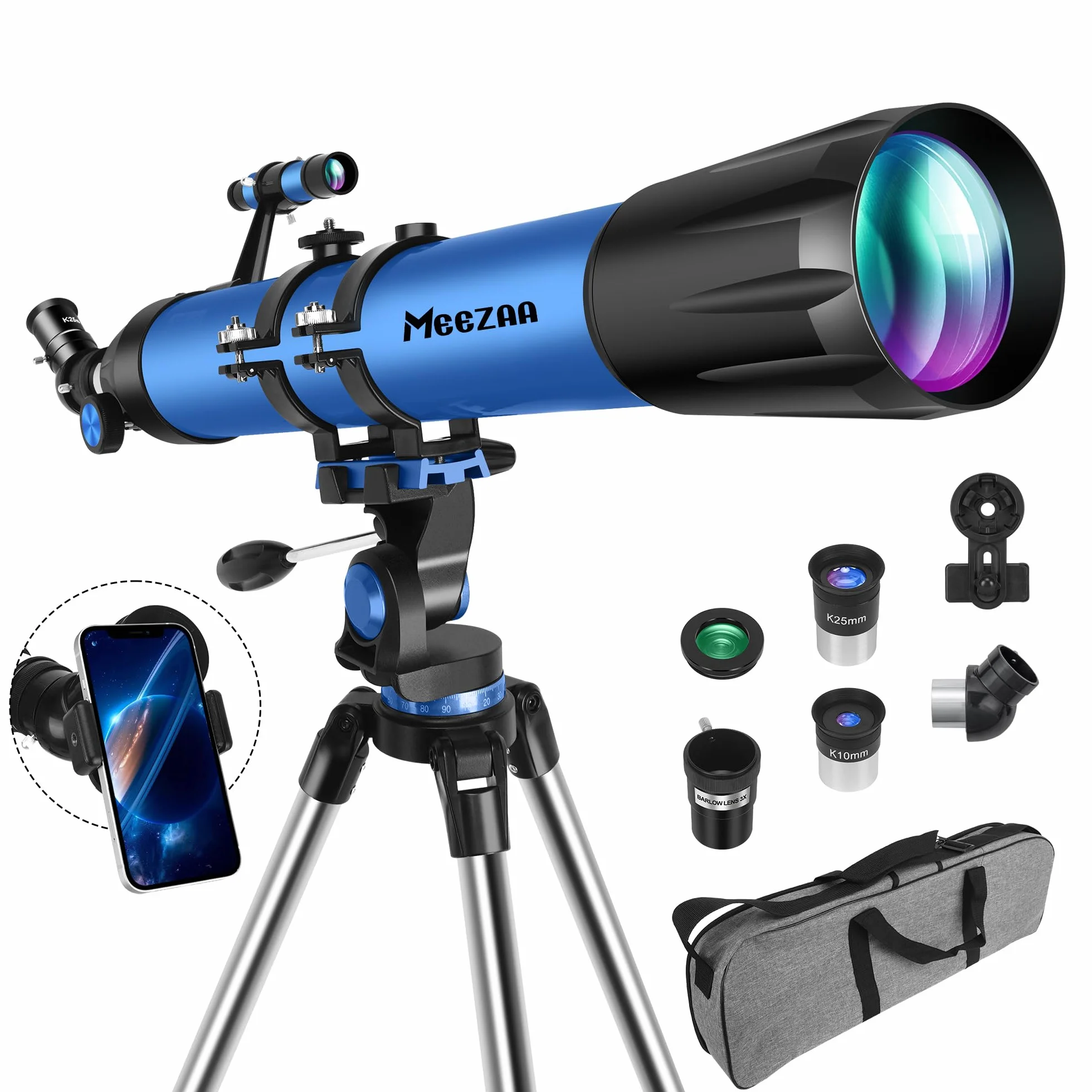 MEEZAA Telescopio Astronomico Professionale Potente Adulti, Bambini e Principianti, 90 mm Apertura 800 mm Portatile Telescopio Riflettore con Treppiede, Borsa, Adattatore per Telefono e Filtro Lunare