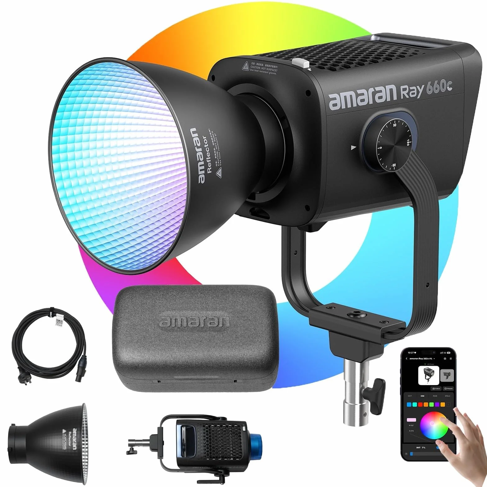 Amaran Ray 660c Luce Video LED RGBWW, 660W Potente Luce Studio COB Full-Color, Design All-in-One con Alimentazione Integrata, IP54 Impermeabile, 2.300K-10.000K, OmniColor Engine, Controllo App/DMX