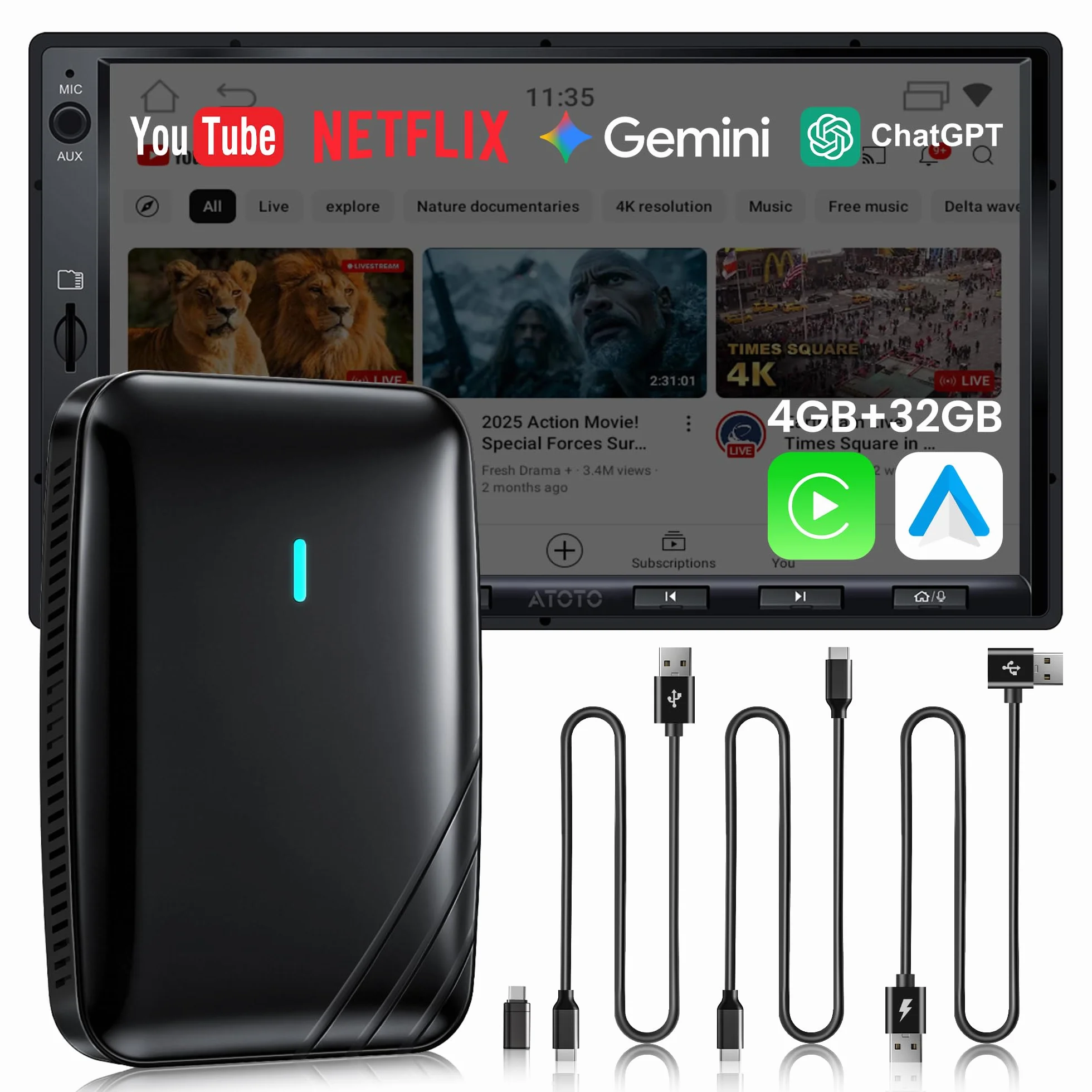 Adattatore CarPlay Wireless Android Auto, AI Box Video 3 in 1 per Cavo OEM CP/AA, Doppio WiFi e Hub Bluetooth IoT, per Netflix/YouTube/TikTok/TF Scheda, DriveChat AI Voice, CB4B