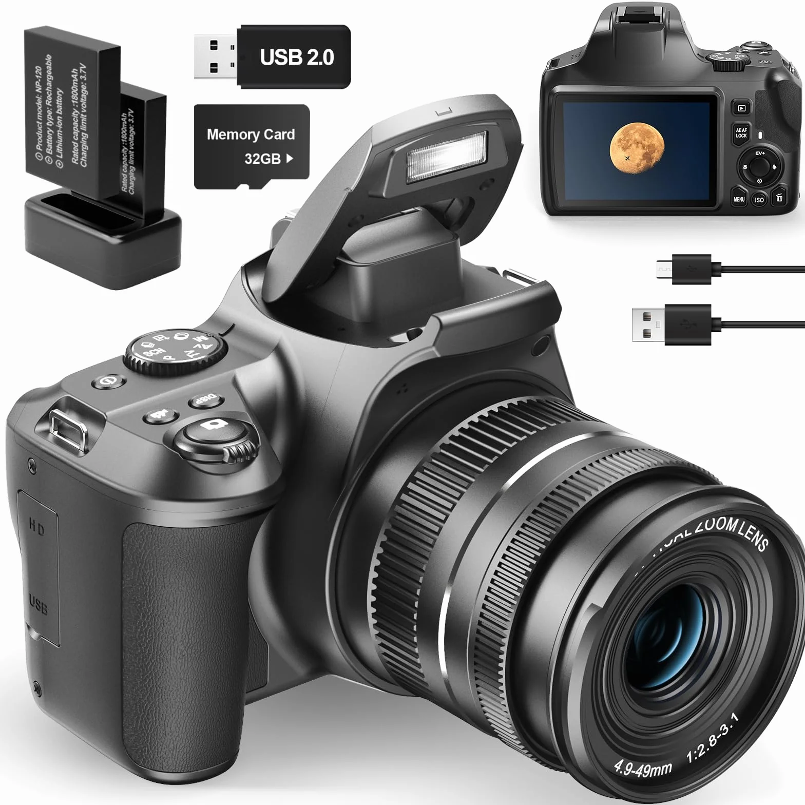 NBD Fotocamera 4K con Zoom 40X, DSLR 64MP per Principianti, Autofocus HD 1080P Vlogging con EIS, Scheda SD 32GB (Nero)