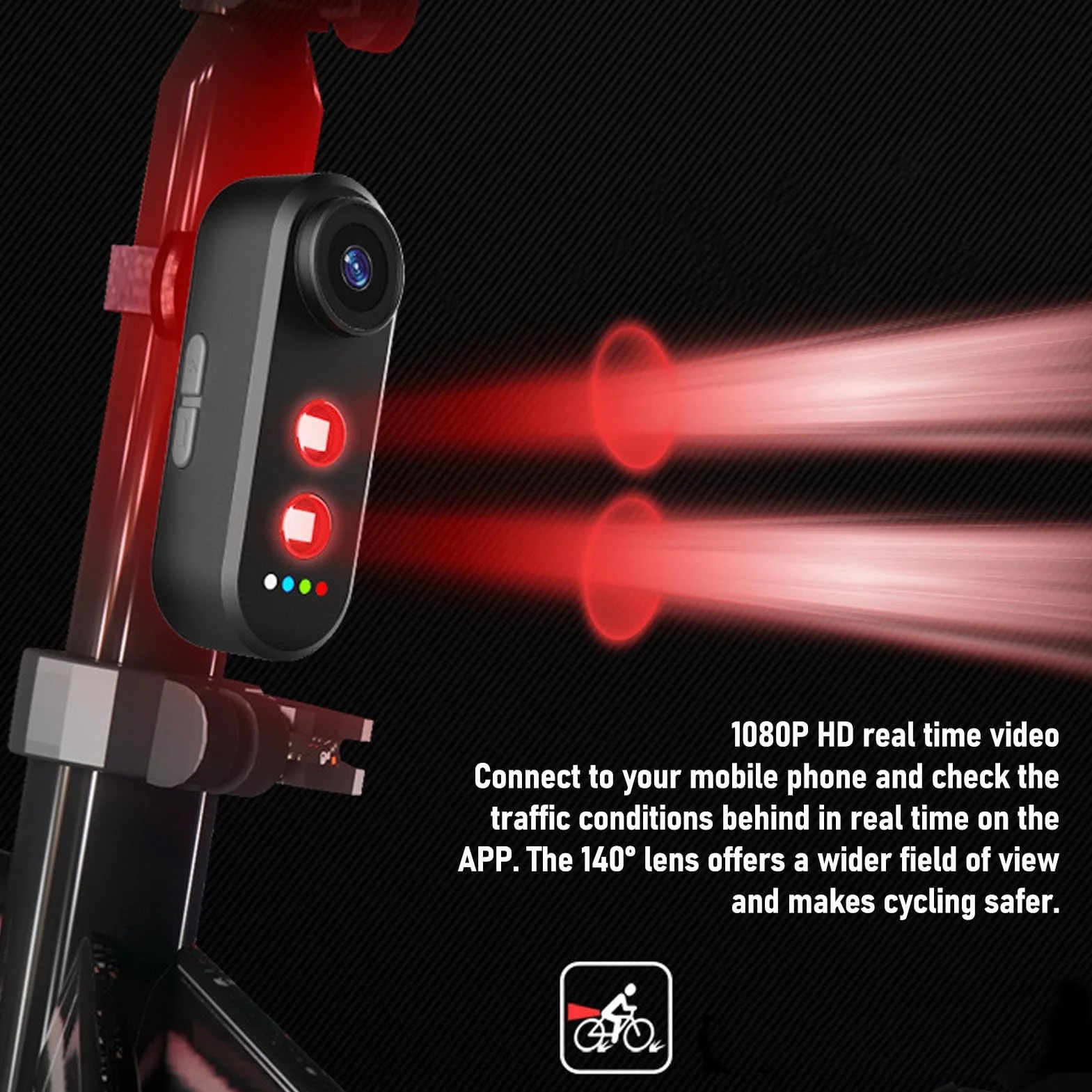 Camera da Ciclismo 1080p con Luce di Coda, Telecamera Posteriore in Bicicletta 1080p, Angolo di 140 ° Largo, IPX6, Registrazione del Loop, Supporto per App, per Montagna, Bici (64G)