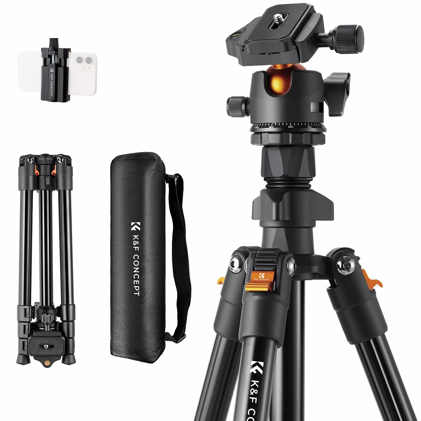 Treppiede Fotocamera e Smartphone 163cm, K&F CONCEPT Treppiede in Alluminio da Viaggio Leggero e Compatto, Compatibile con Canon Nikon Sony DSLR Reflex iPhone Samsung, 360° Testa a sfera