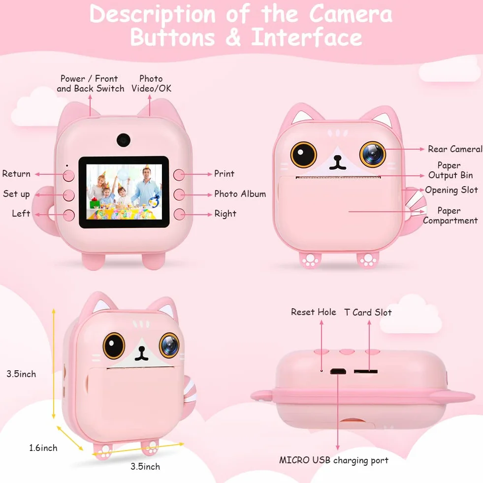 Ainiv Macchina Fotografica Istantanea per Bambini,1080P HD Digitale Fotocamera Instant Print, 2.4 Pollici con Selfies+32GB SD Scheda+3 Rotoli di Carta da Stampa,Regali per Ragazze Ragazzi da 3-12 Anni