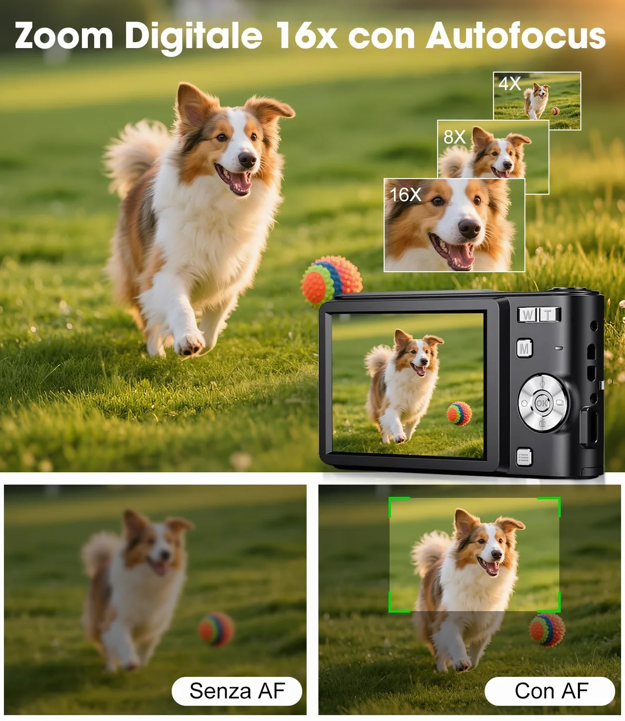 Macchina Fotografica Bambini 50MP 1080P, Autofocus, Schermo 2,4", Zoom Digitale 16X, Anti-Shake, Nero Vlogging Compatta Digital Camera per Ragazzi, Bambini, Studenti e Principianti con Scheda 16GB