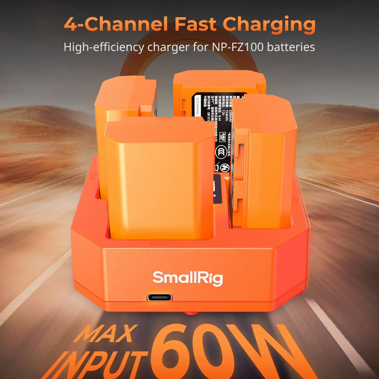 SMALLRIG Caricabatterie per Fotocamera a 4 Canali, con Ricarica Rapida da 60 W, Display LED, Caricabatteria Compatto per Fotocamera a 4 Canali Batteria per Sony NP-FZ100, Arancione - 4839