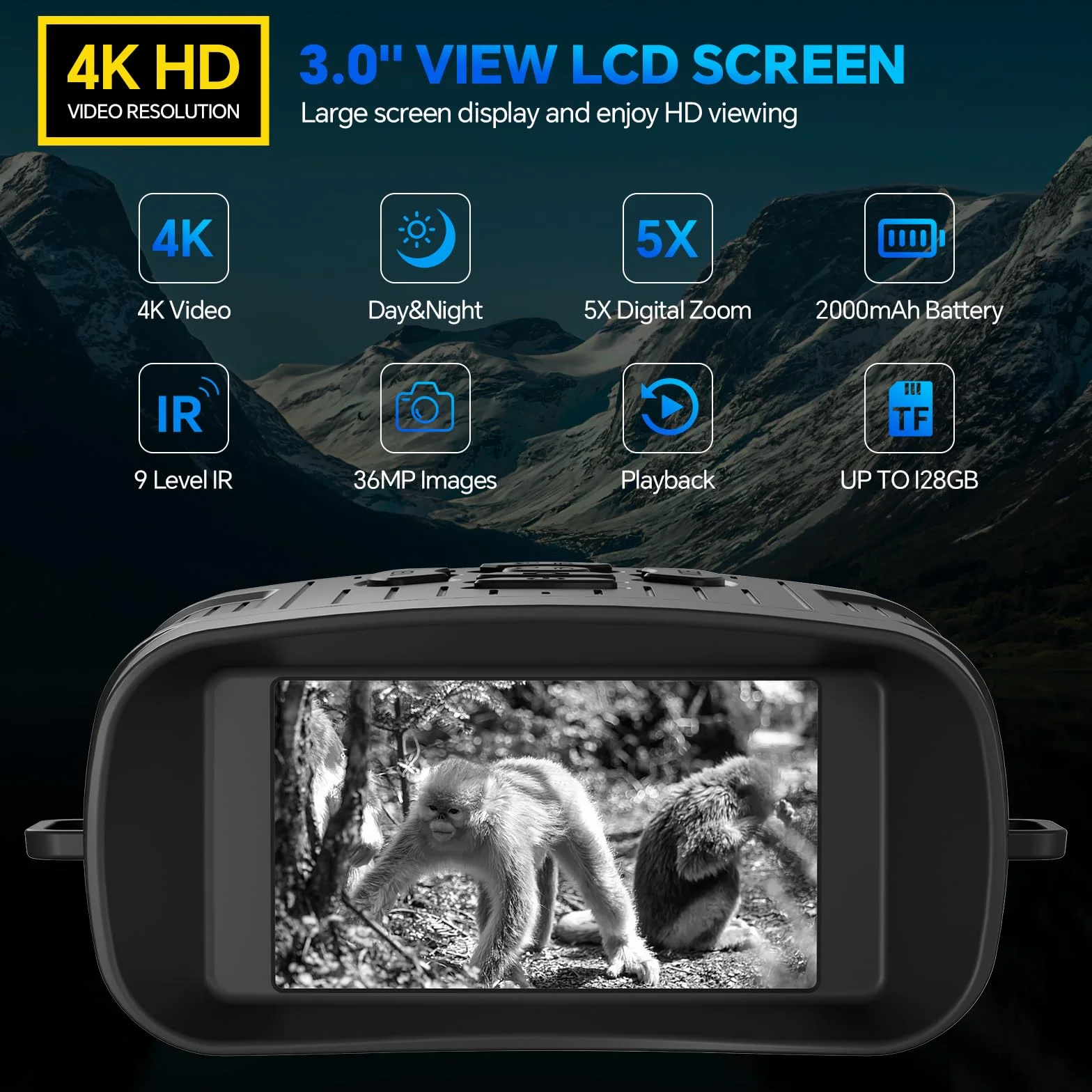 Binocolo Visione Notturna,4K HD 36MP Visore Notturno Digitale Infrarossi con 3.0" TFT HD LCD, 2000mAh Ricaricabile, Zoom Digitale 5X, Per Caccia, Birdwatching, Campeggio, con Scheda 32GB