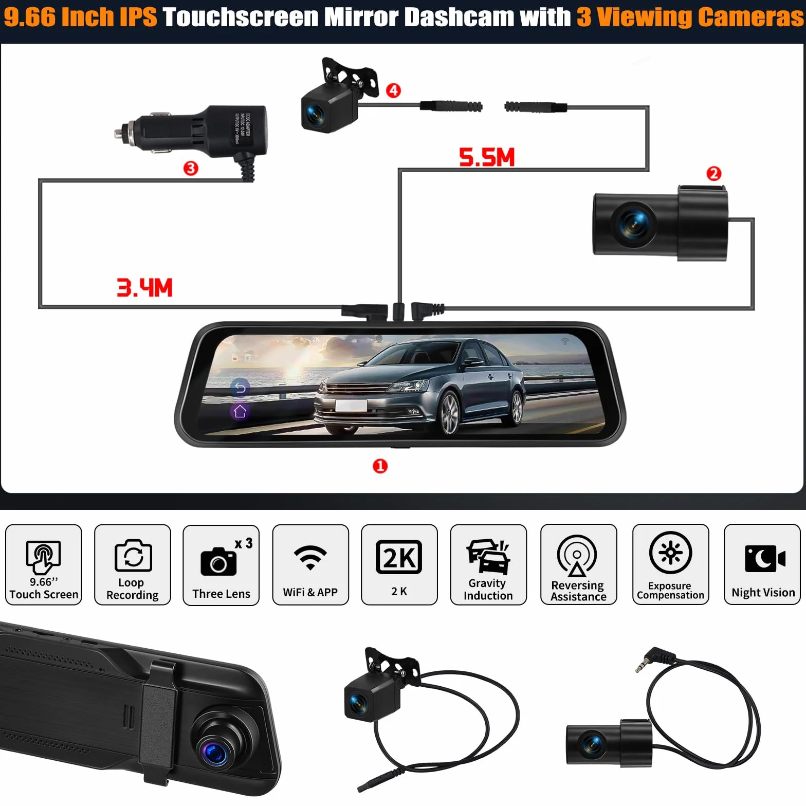 CAMECHO 9.66 Pollici 2K Mirror Dashcam Auto con 2 Telecamere 1080P, Anteriore 150° e Posteriore Dash Cam 120° con Linea inversa, Visione Notturna, Sensore G, Scheda da 64 GB WIFI APP
