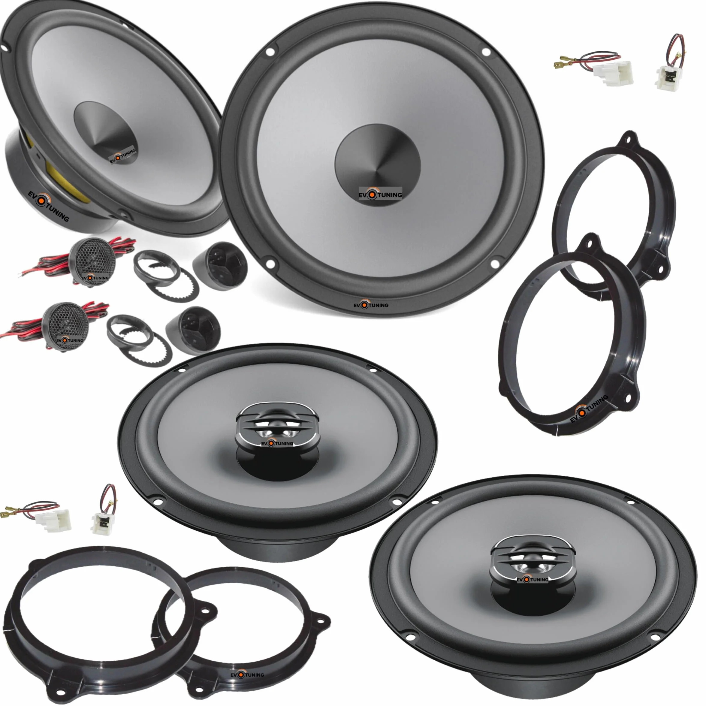 Kit 6 Casse Altoparlanti per Nissan Juke F15 F16 dal 2010 compatibile con Hertz K165+X165 Anteriori e Posteriori +Set 4 Anelli Adattatori 4 Cavi Connettori (No plug and play)