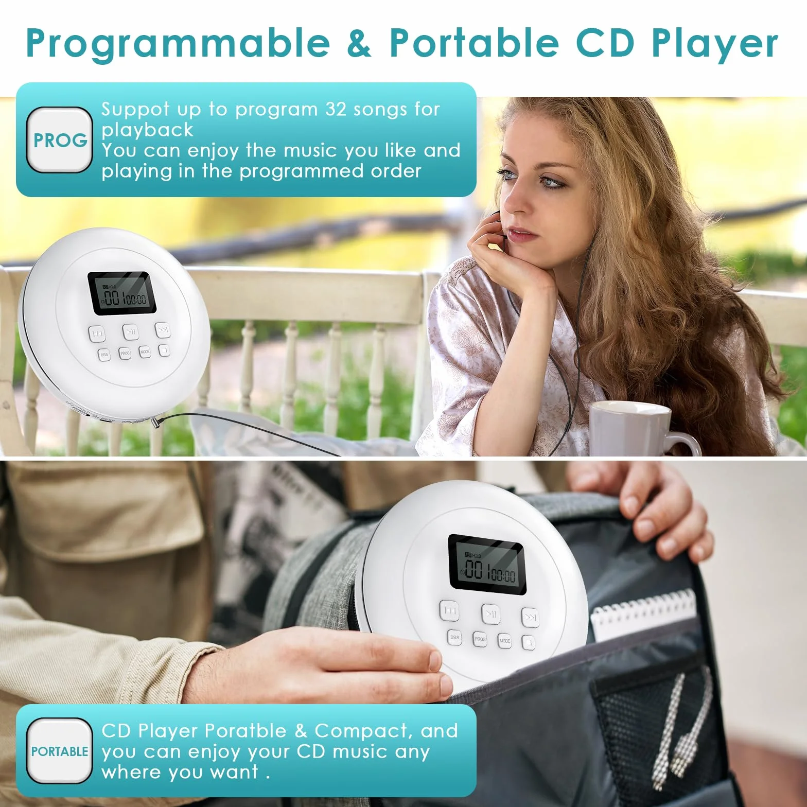 Gueray Lettore CD Portatile Hifi con display stereo cd Lettore CD con cuffie Supporto PROG ASP Funzione di memoria Funzione di ripetizione Effetto BASSO Bianco