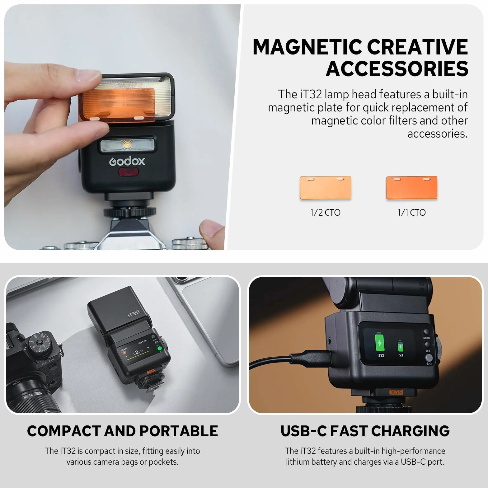 Godox iT32 Flash con X5 S Trigger per Sony, 2.4G Wireless HSS 1/8000s TTL Speedlite iT32 S con ricevitore integrato, batteria al litio e diffusore, slitta a contatto magnetico