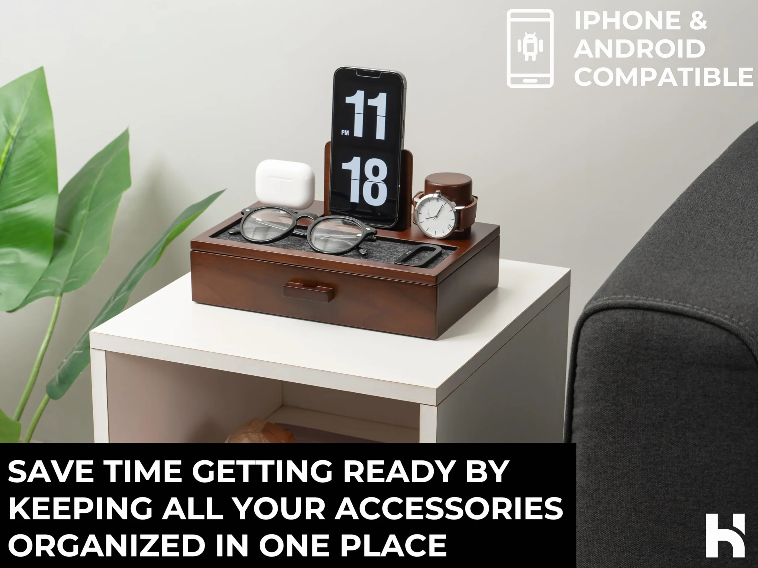 Holme & Hadfield Organizer da comodino da uomo, docking station unica in legno per caricare il telefono e gli auricolari, stazione di ricarica in legno con vassoio foderato e cassetto, docking station