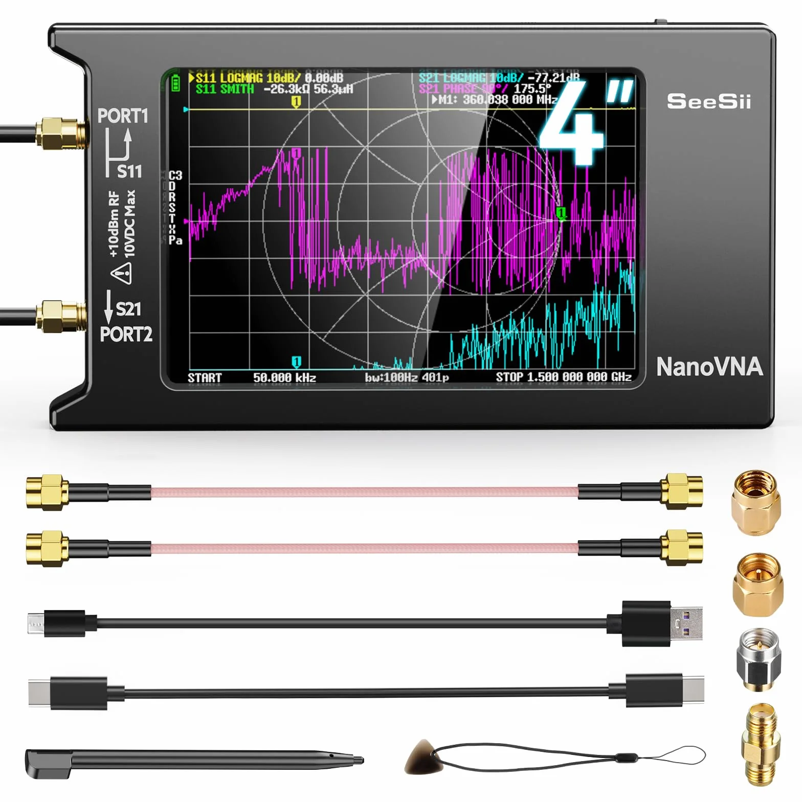 NanoVNA-H4 Kit analizzatore di rete vettoriale 10KHz-1.5GHz HF VHF UHF Analizzatore Antenna Misurare i parametri S, Delay, Smith Chart con 4 "LCD Touch Screen (versione 4.2)