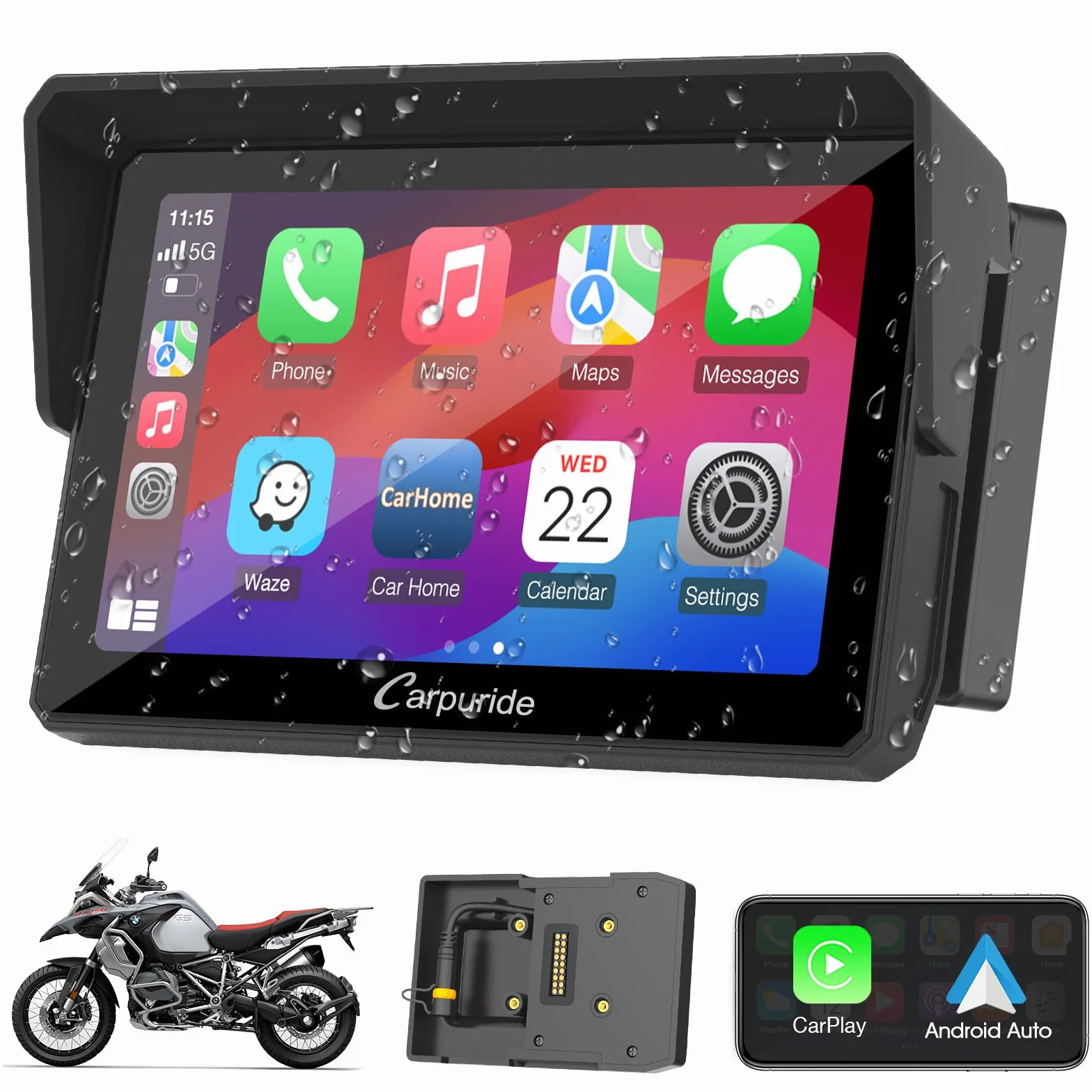 Carpuride W502B Schermo Carplay per BMW Moto R1200GS R1250GS S1000XR, Touchscreen Impermeabile da 5 pollici, Navigazione GPS Portatile Carplay/Android Auto per Moto, Doppio Bluetooth