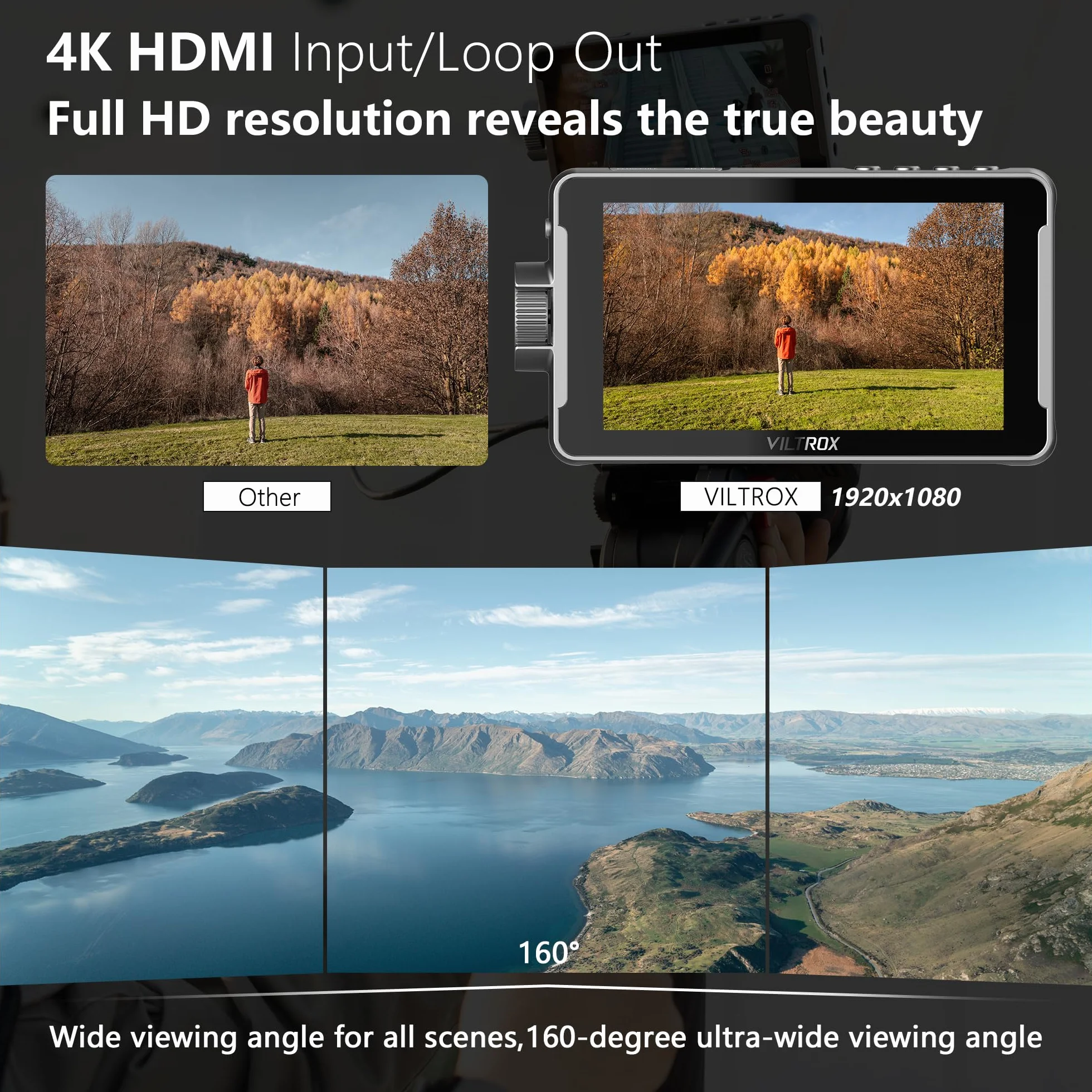 VILTROX DC-550 Touchscreen Monitor da Campo per Fotocamera 1200nit Alto luminoso 5,5" 3D LUT Camera Field Monitor DSLR con Cappuccio Solare/Batteria, 1920x1080 IPS con 4K HDMI Input Output