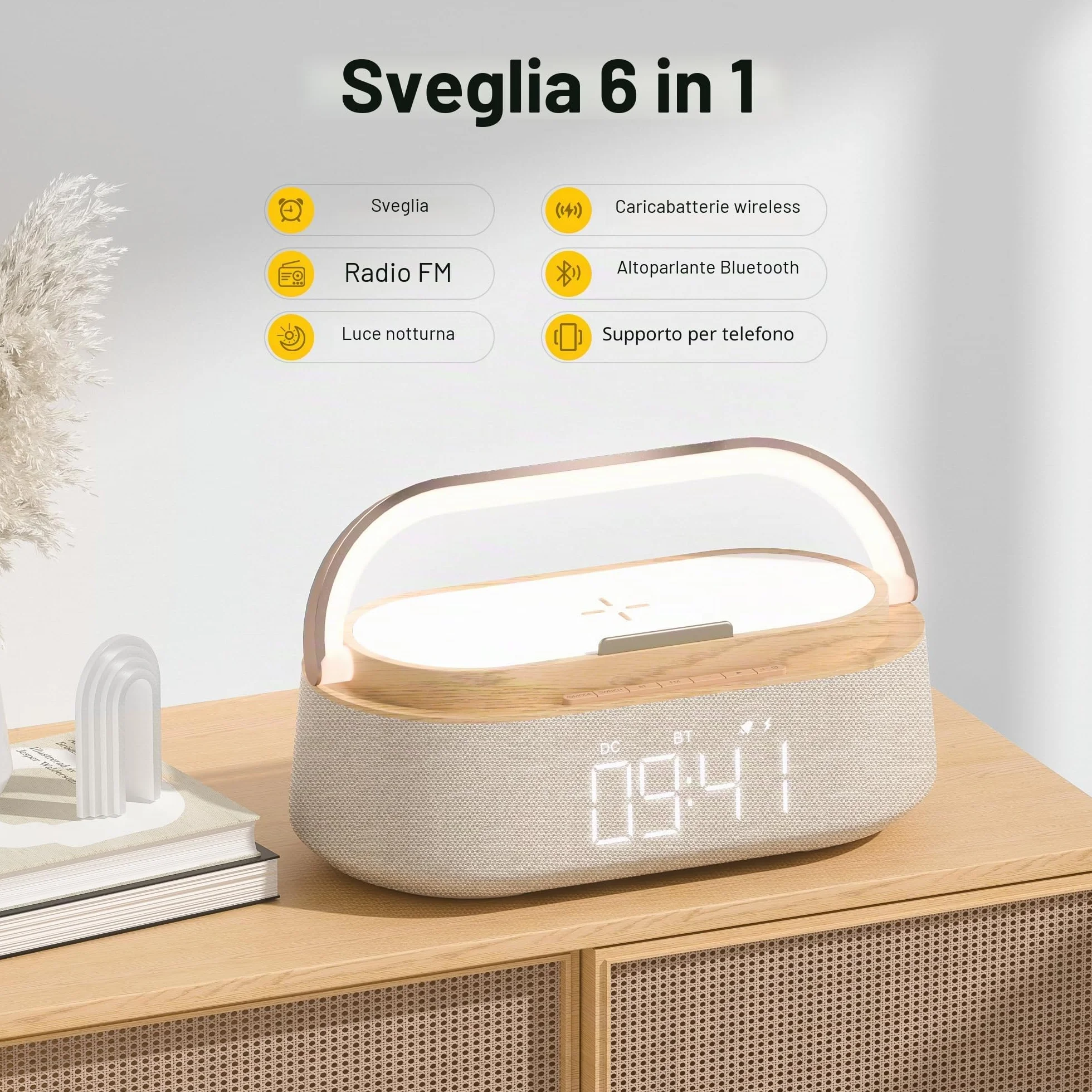 COLSUR Radiosveglia Digitale con Ricarica Wireless, Radio FM Sveglia con Allarme, Bluetooth Speaker, USB Luce Notturna, Display LED