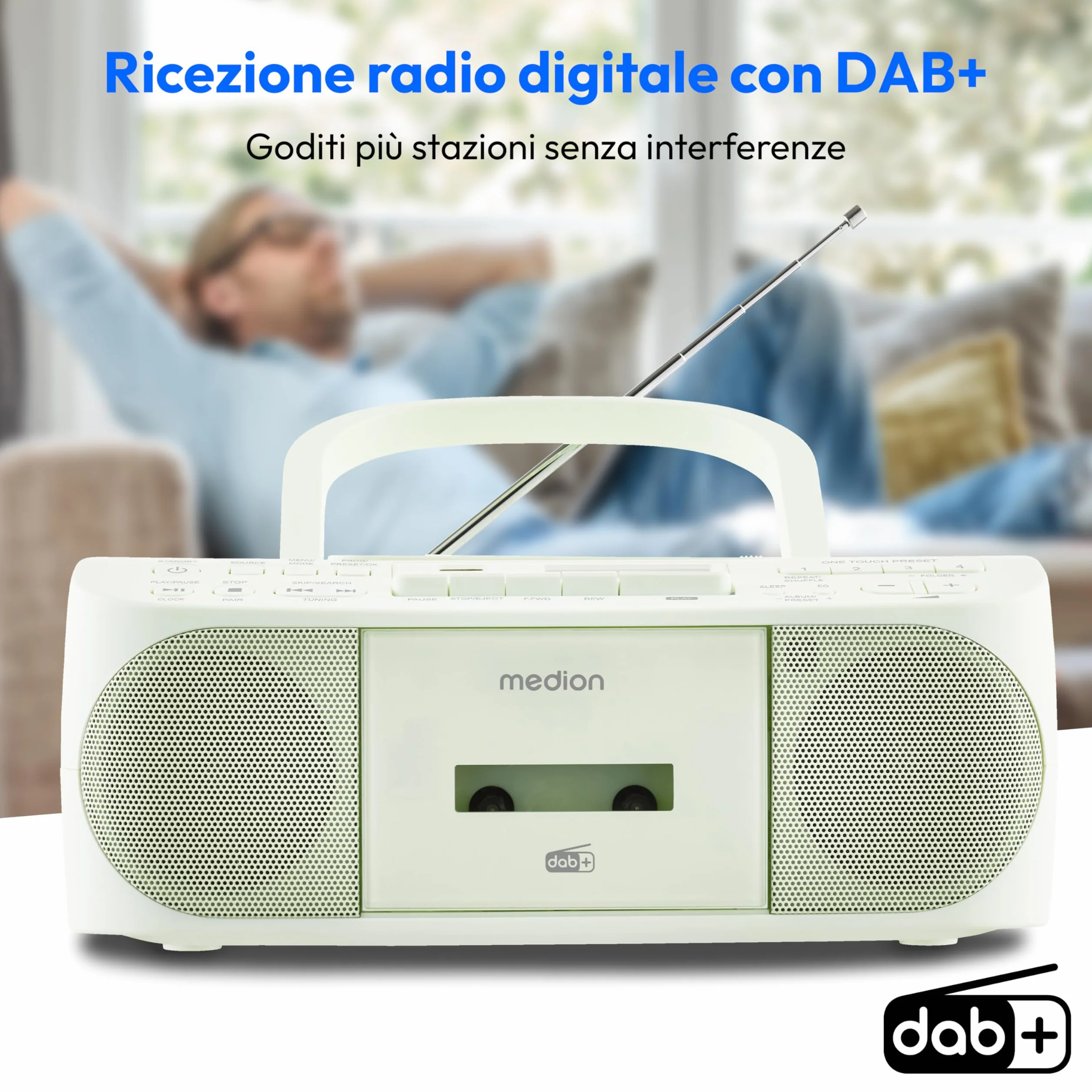 MEDION DRX-1 Plus Boombox (radio portatile DAB+ e FM, Bluetooth, lettore CD, MP3, cassetta, uscita cuffie, stereo, AUX, alimentazione rete & batteria) verde